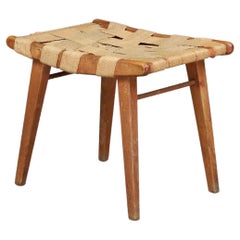 Mid-Century Stool with Woven Jute Seat and Patinated Beech Wood Frame, France