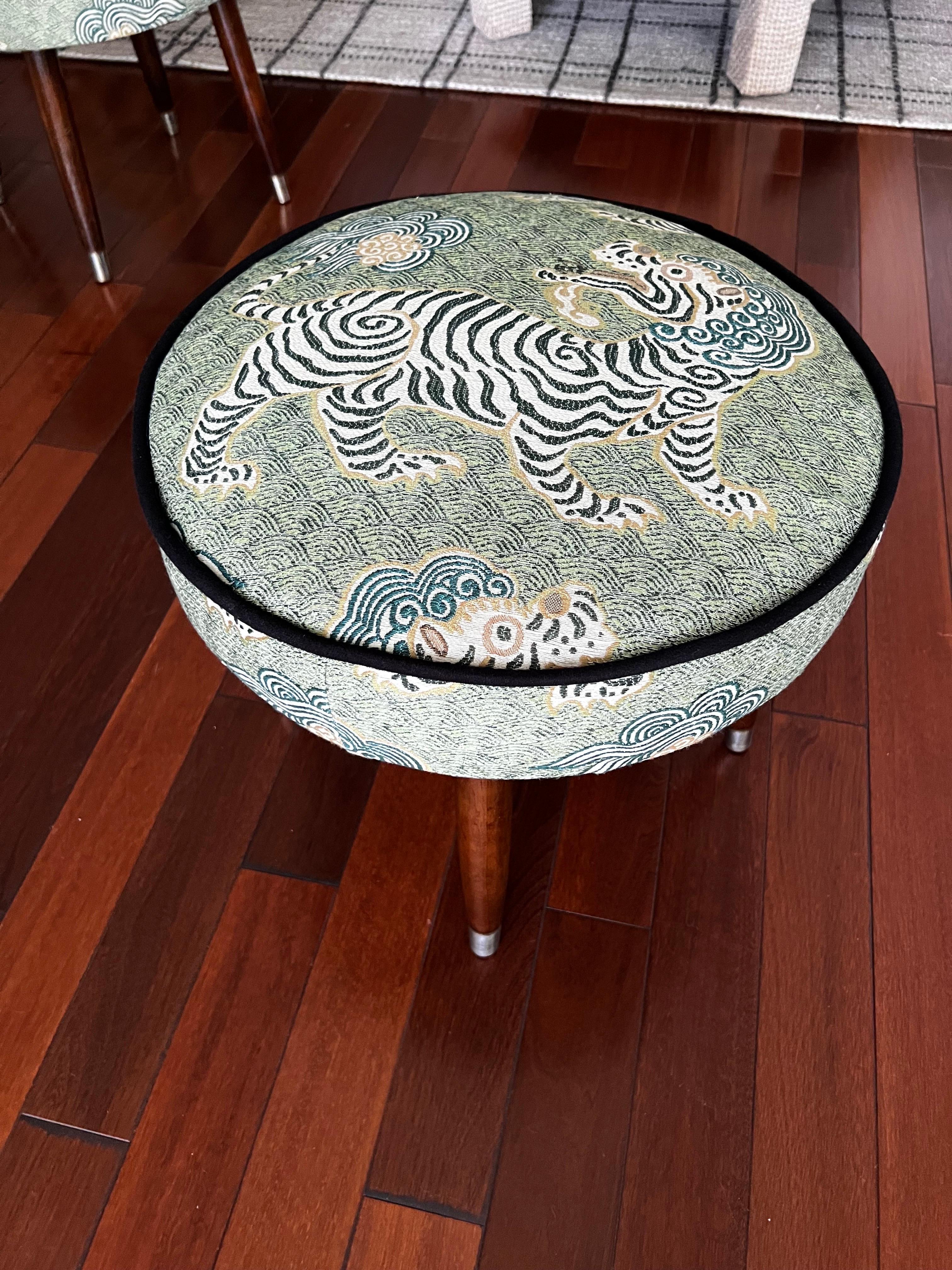 Chinoiserie Mid-Century Stools Reupholstered in Tibet Fabric- a Pair