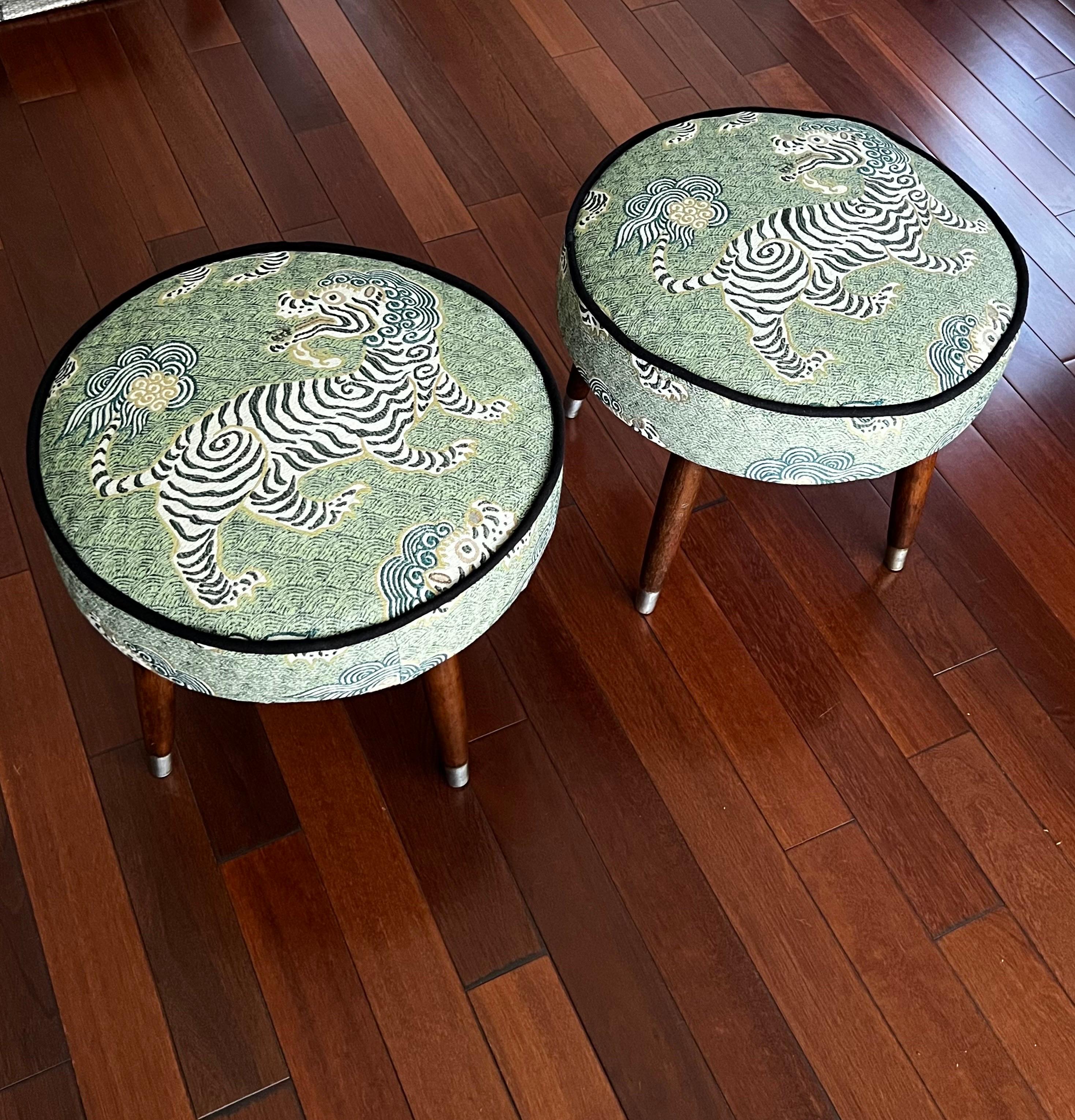 American Mid-Century Stools Reupholstered in Tibet Fabric- a Pair