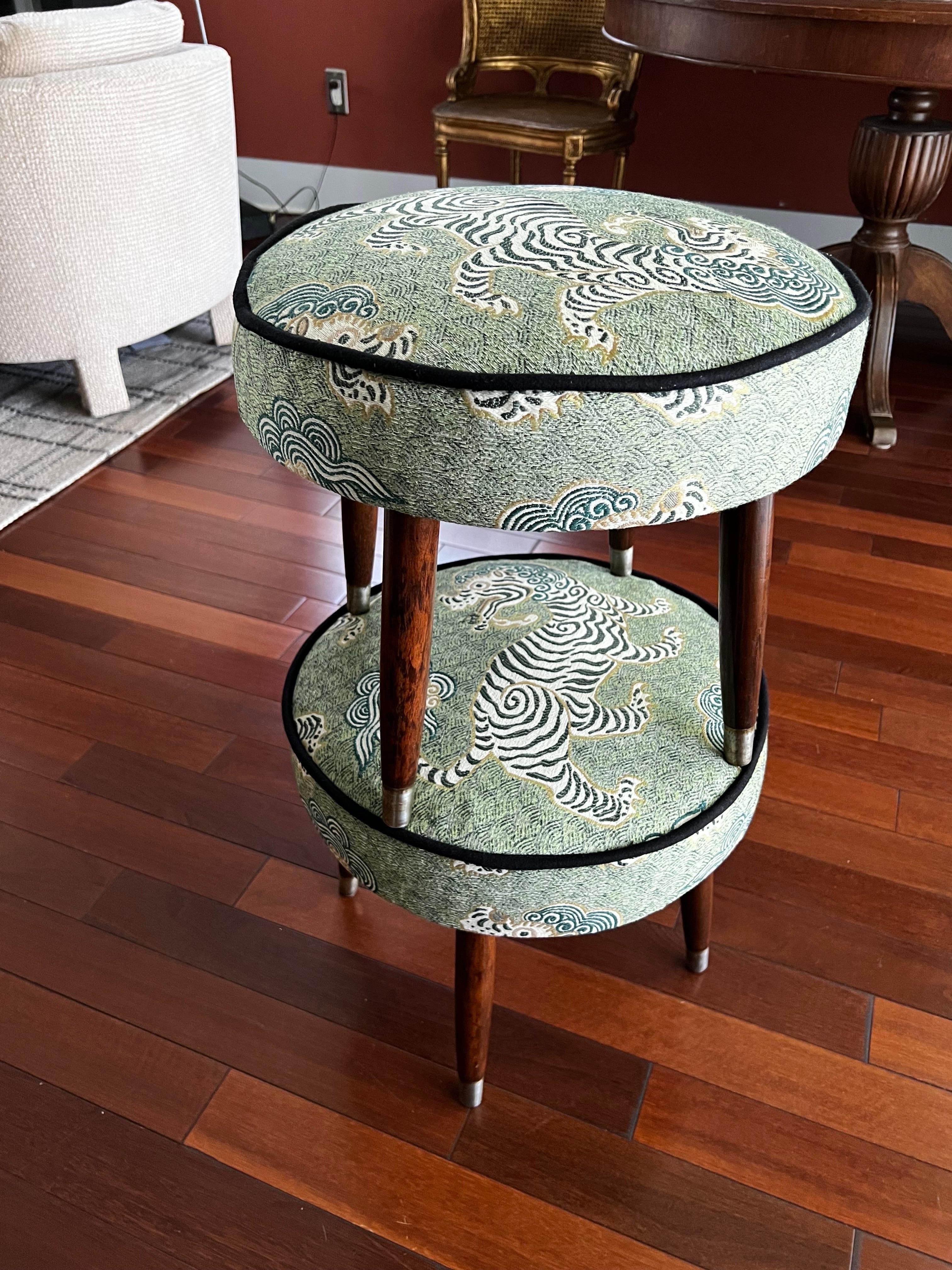 Hand-Crafted Mid-Century Stools Reupholstered in Tibet Fabric- a Pair