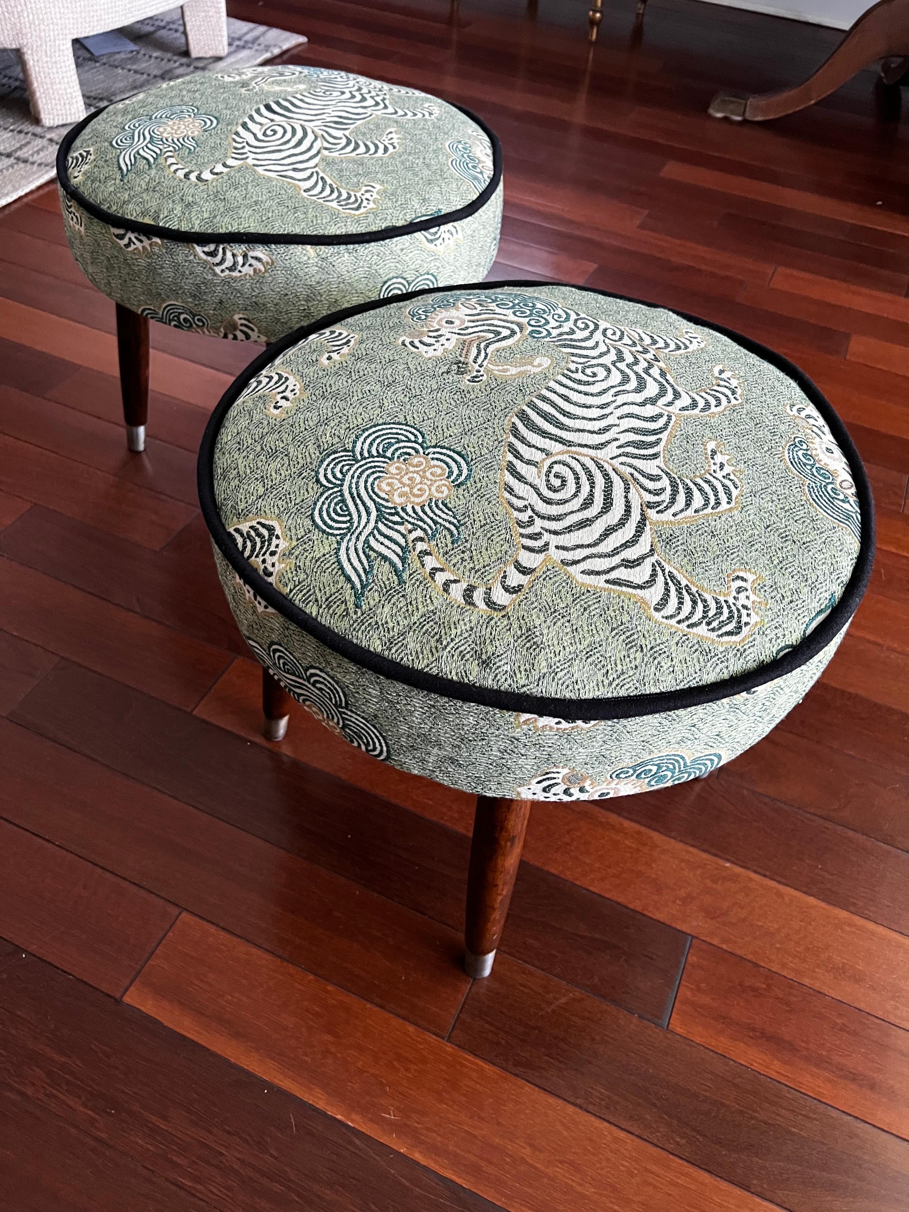 20th Century Mid-Century Stools Reupholstered in Tibet Fabric- a Pair