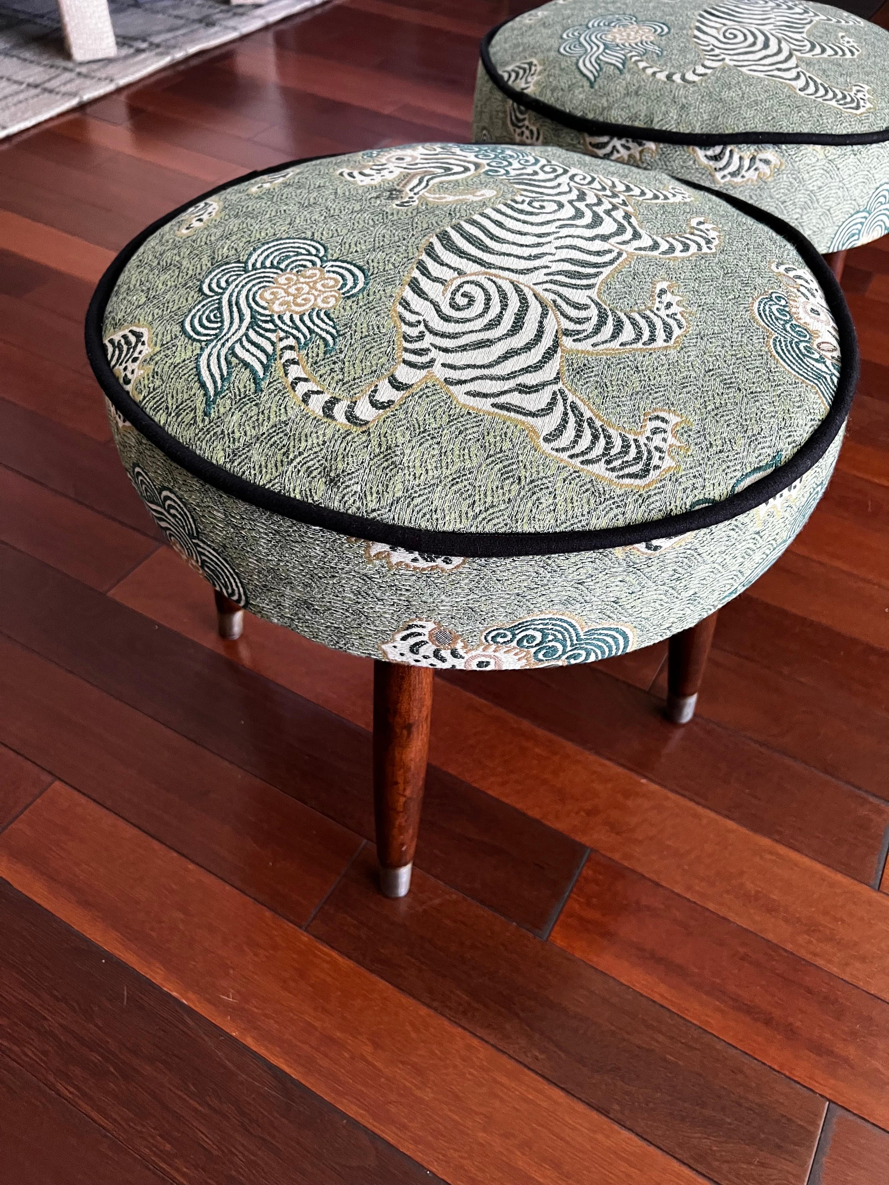 Mid-Century Stools Reupholstered in Tibet Fabric- a Pair 1