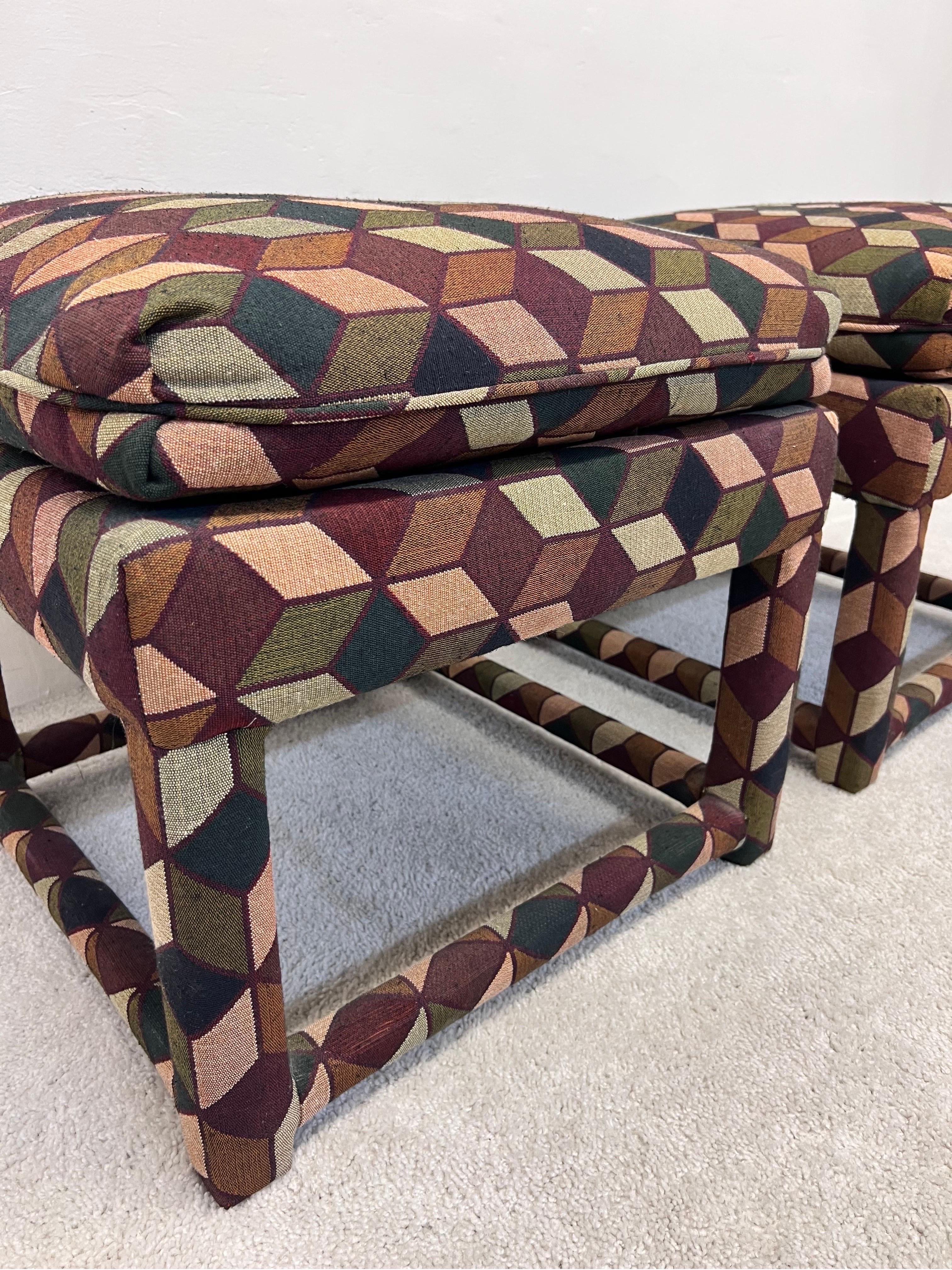 Mid-Century Stools with Tumbling Block Pattern Fabric and Down Cushions, a Pair 4