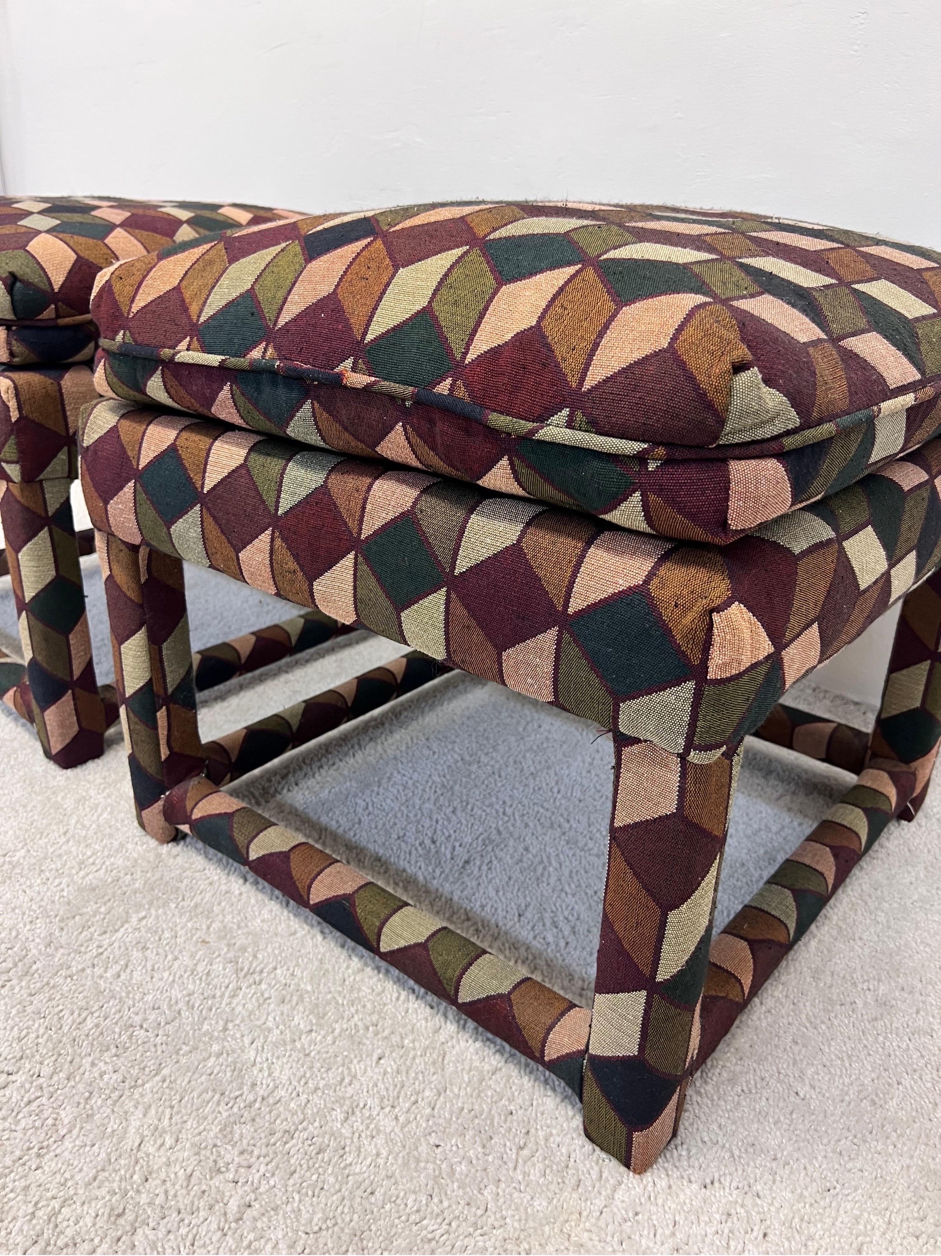 Mid-Century Stools with Tumbling Block Pattern Fabric and Down Cushions, a Pair 5