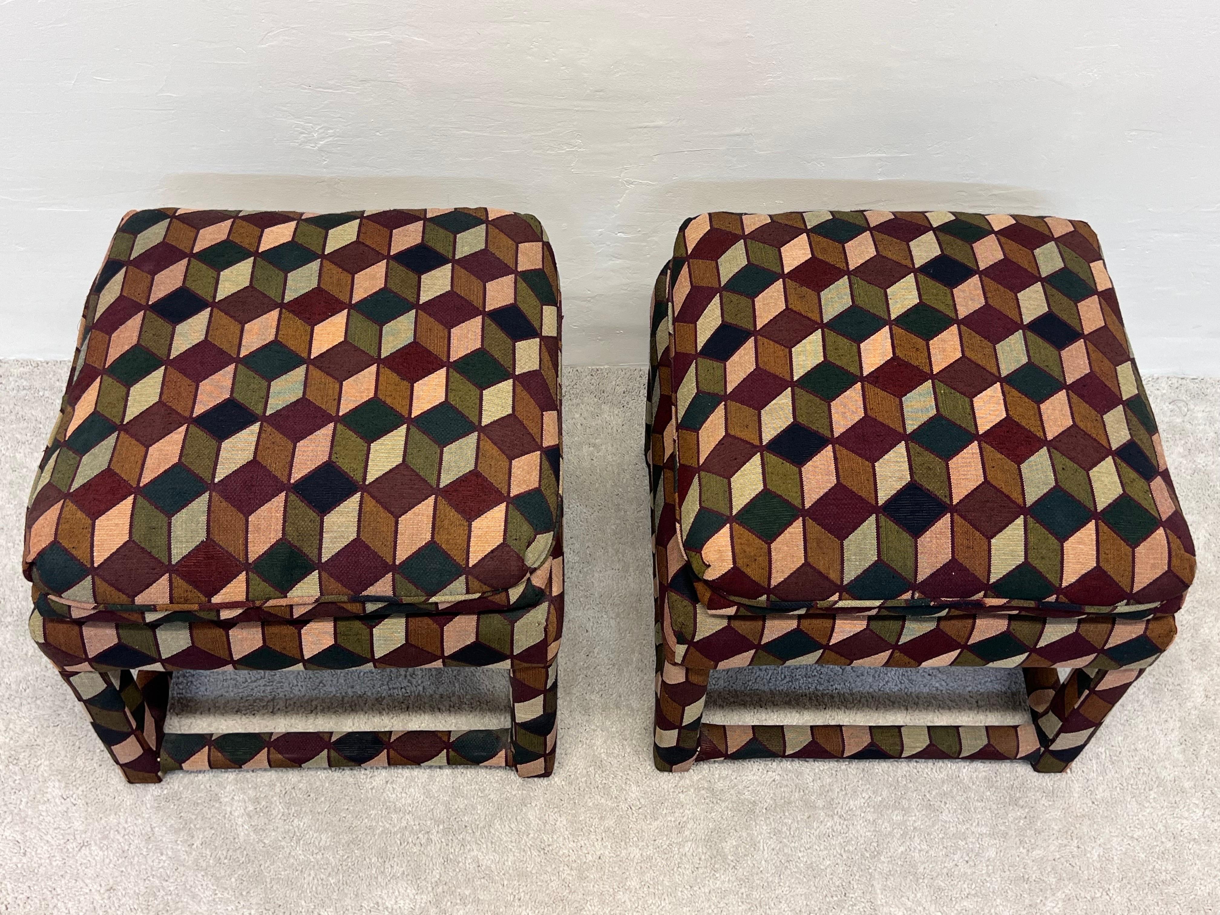 Mid-Century Stools with Tumbling Block Pattern Fabric and Down Cushions, a Pair 6
