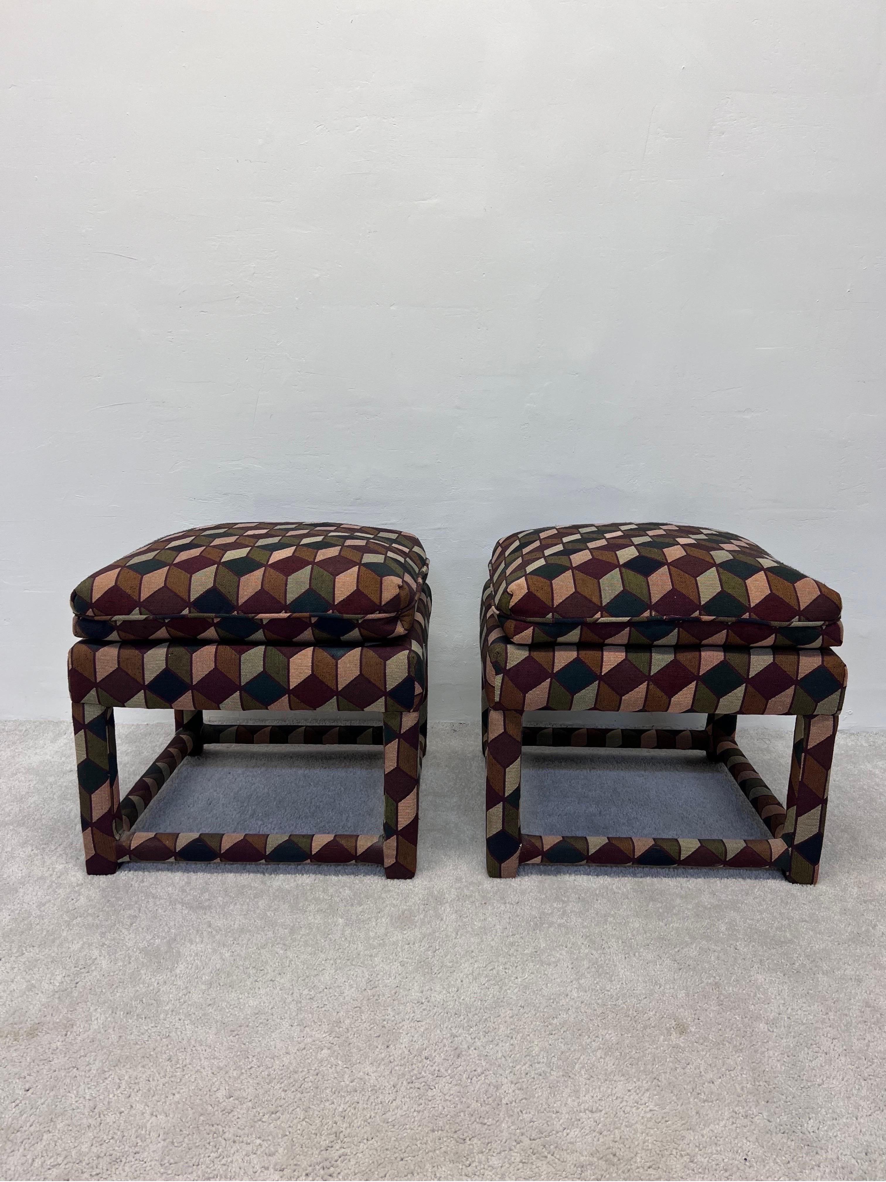Pair of tumbling block pattern stools with down filled cushions from the 1970s.