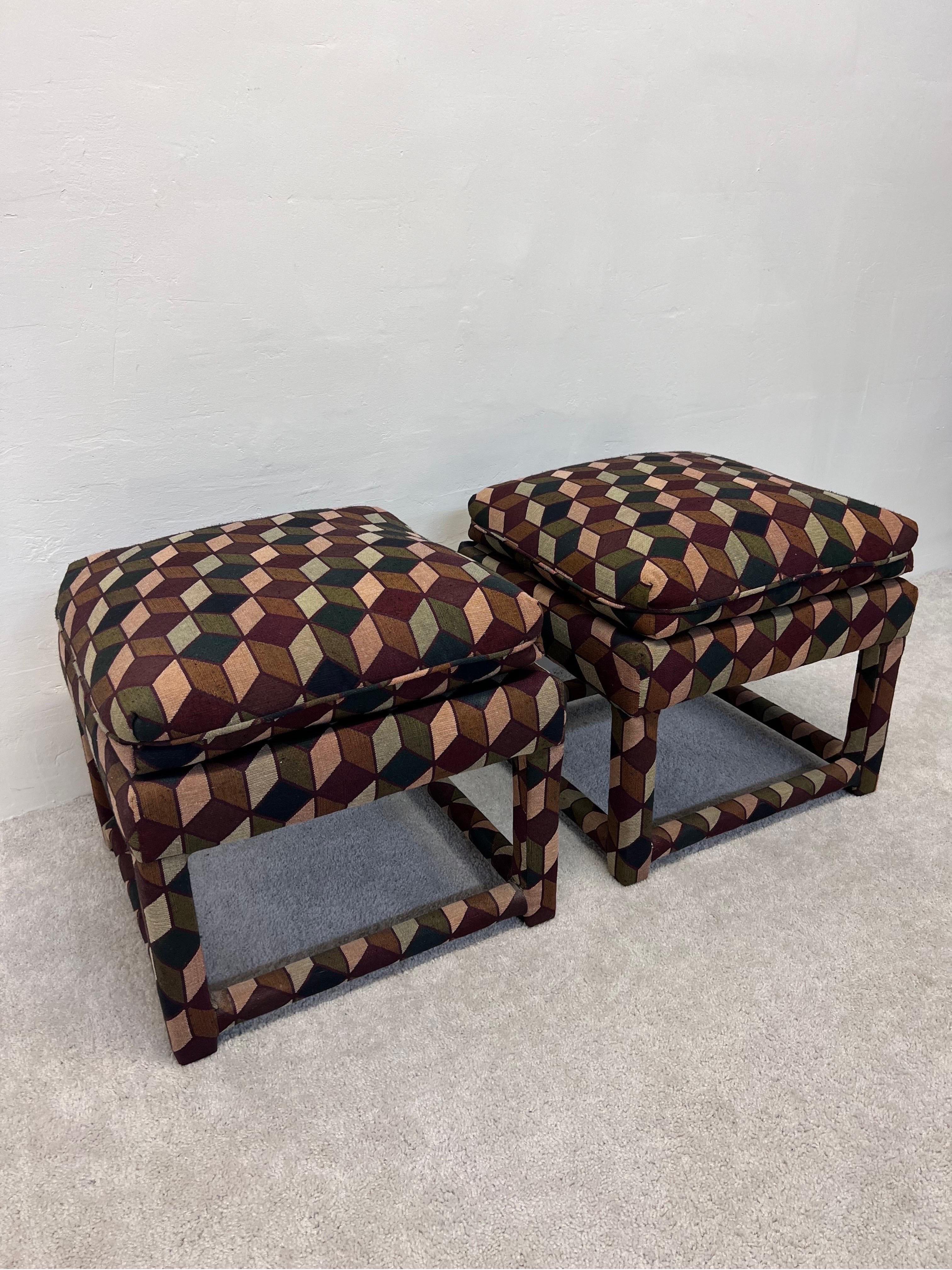 Mid-Century Modern Mid-Century Stools with Tumbling Block Pattern Fabric and Down Cushions, a Pair