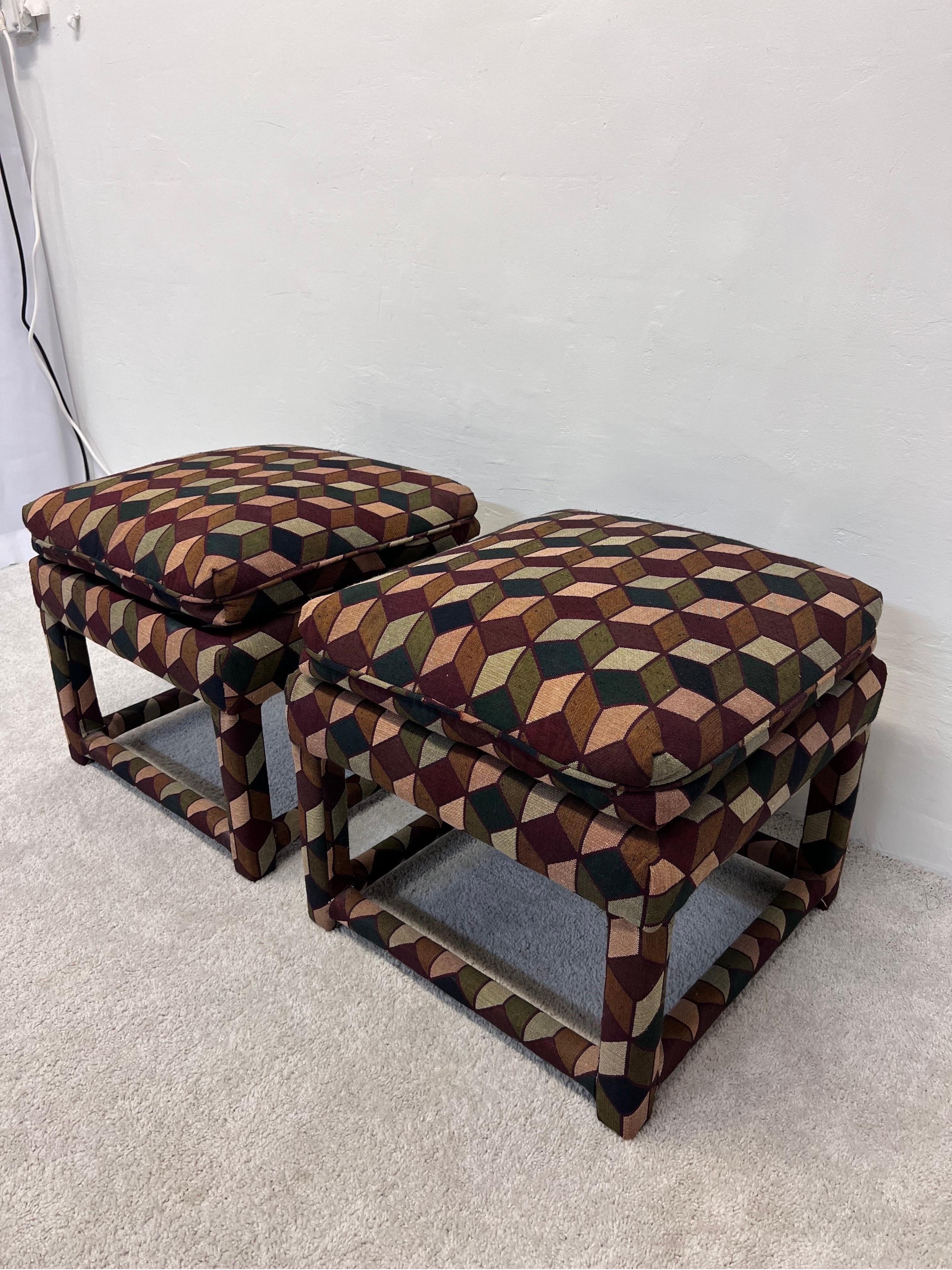 Unknown Mid-Century Stools with Tumbling Block Pattern Fabric and Down Cushions, a Pair