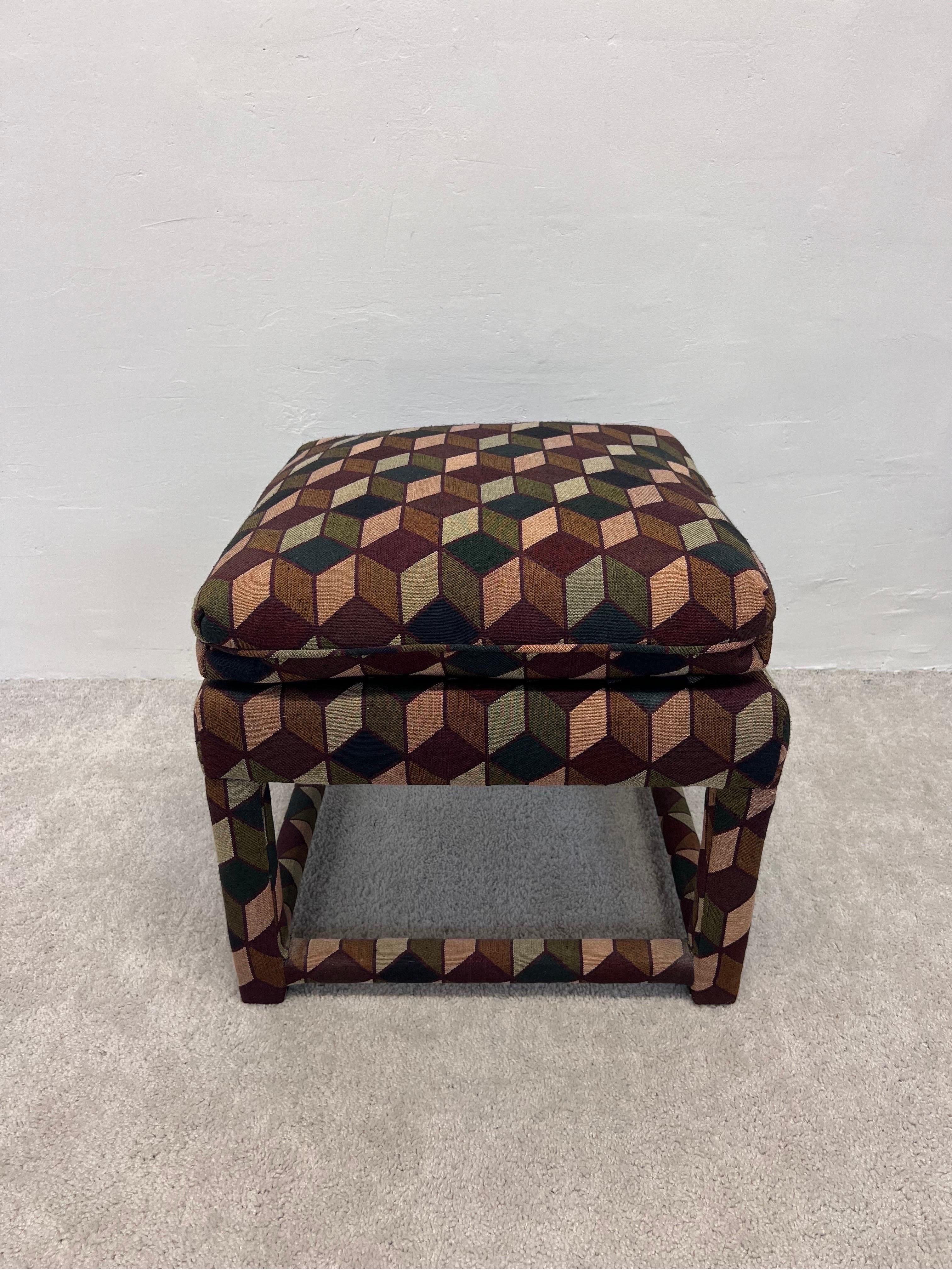 Mid-Century Stools with Tumbling Block Pattern Fabric and Down Cushions, a Pair In Good Condition In Miami, FL