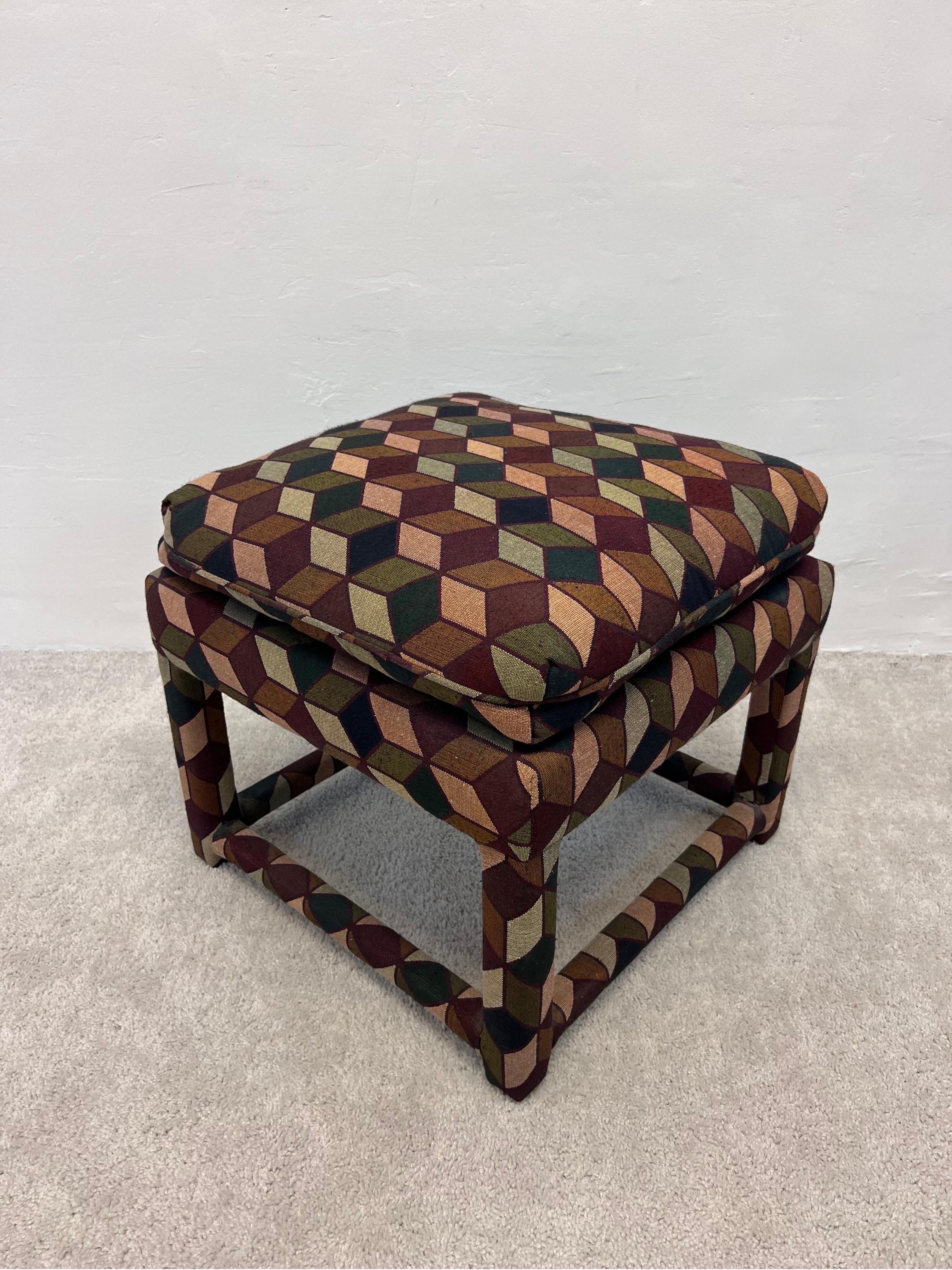 20th Century Mid-Century Stools with Tumbling Block Pattern Fabric and Down Cushions, a Pair