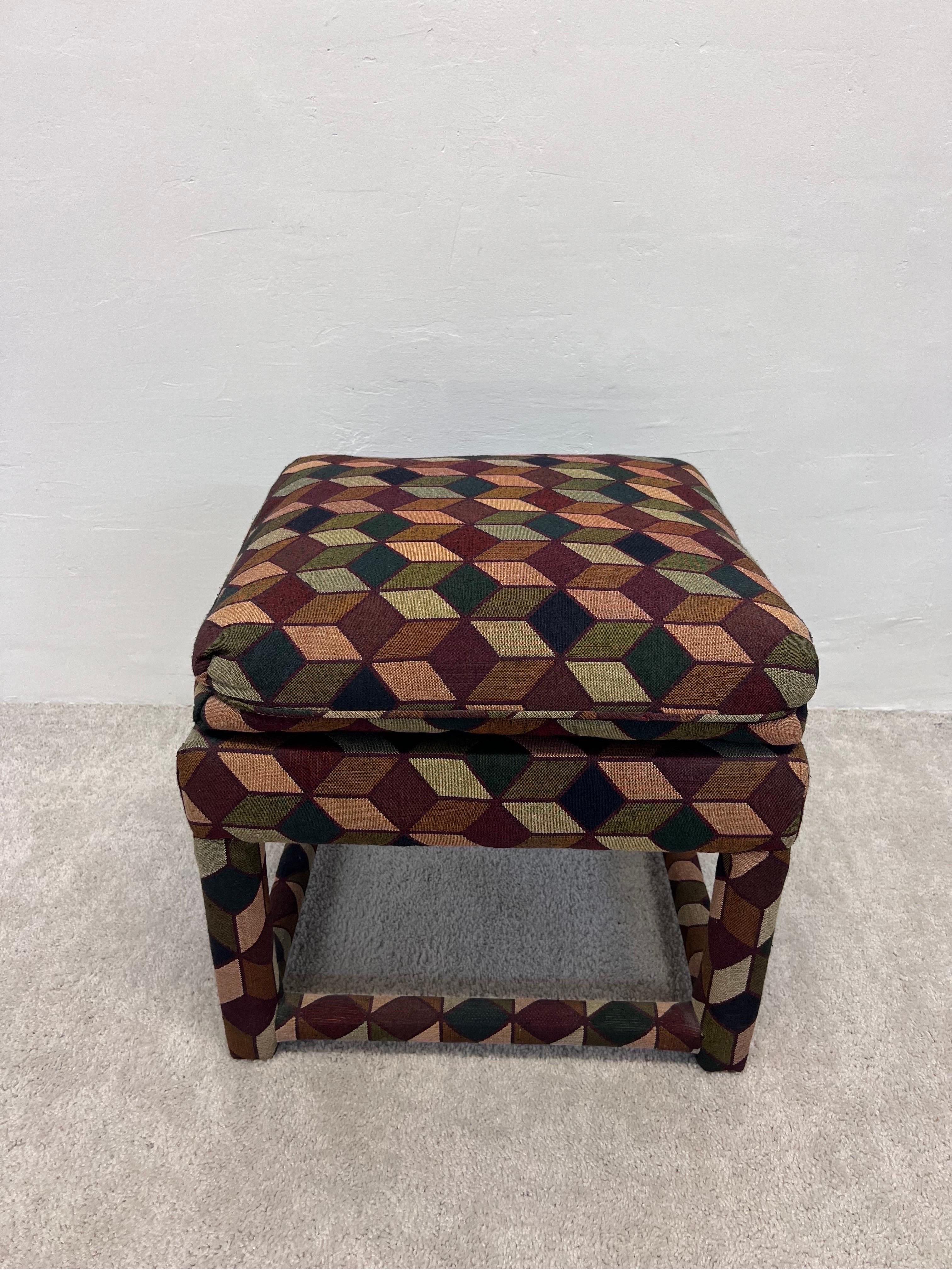 Mid-Century Stools with Tumbling Block Pattern Fabric and Down Cushions, a Pair 1