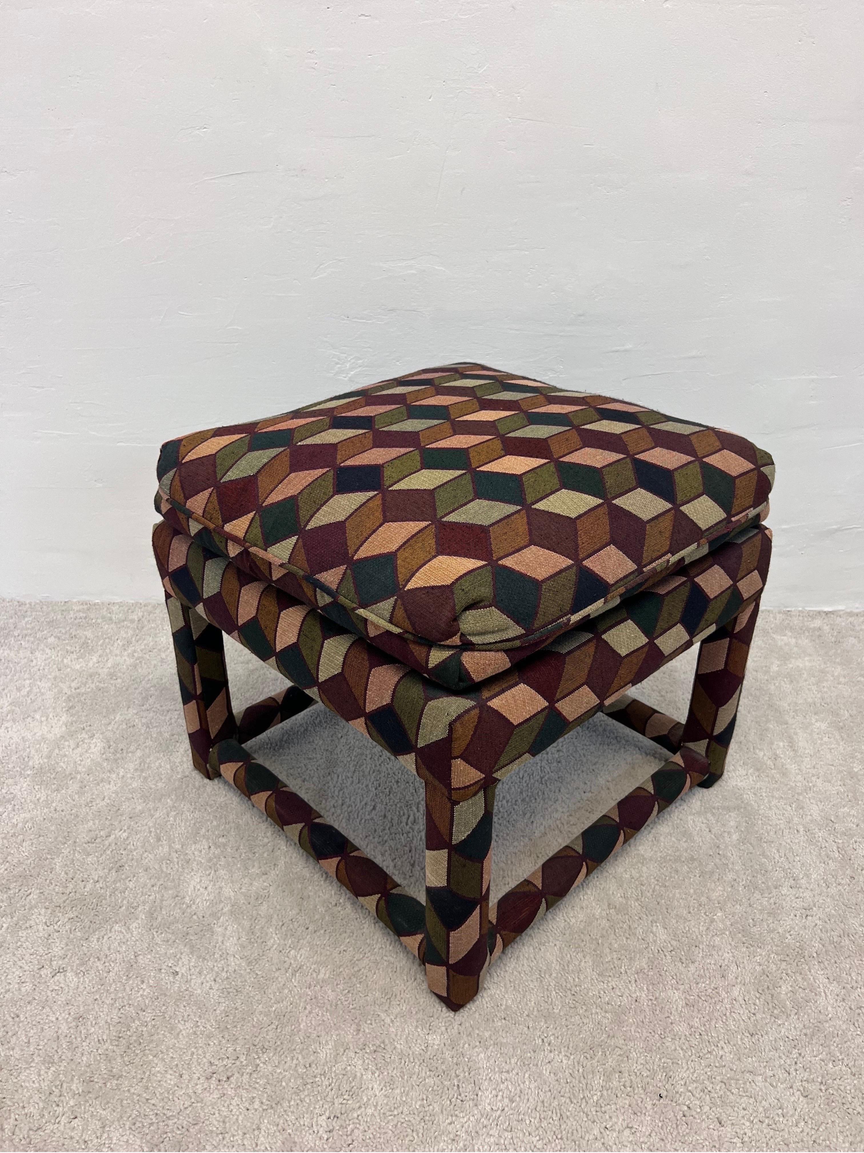 Mid-Century Stools with Tumbling Block Pattern Fabric and Down Cushions, a Pair 2