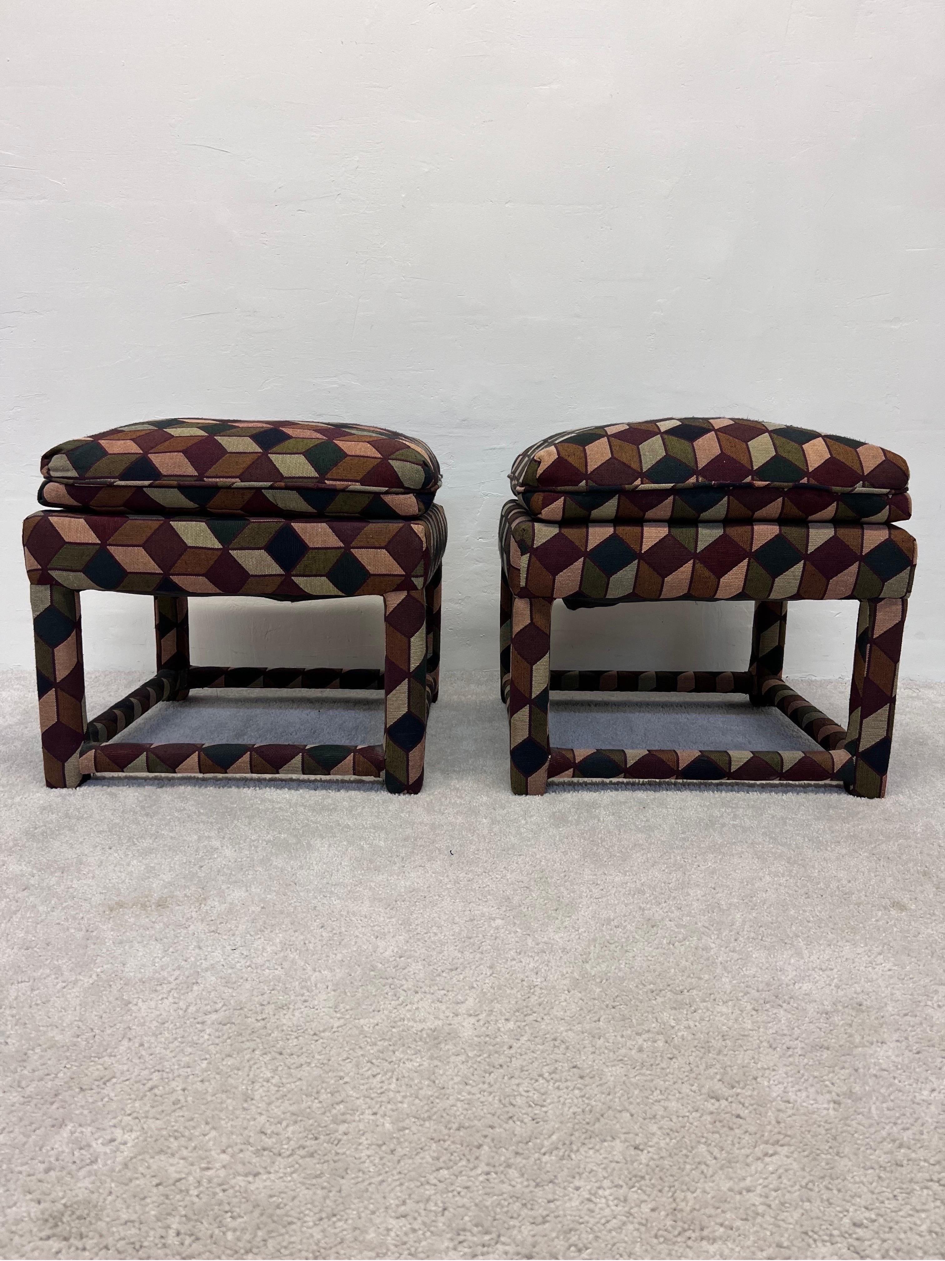 Mid-Century Stools with Tumbling Block Pattern Fabric and Down Cushions, a Pair 3