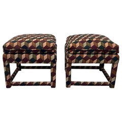 Mid-Century Stools with Tumbling Block Pattern Fabric and Down Cushions, a Pair