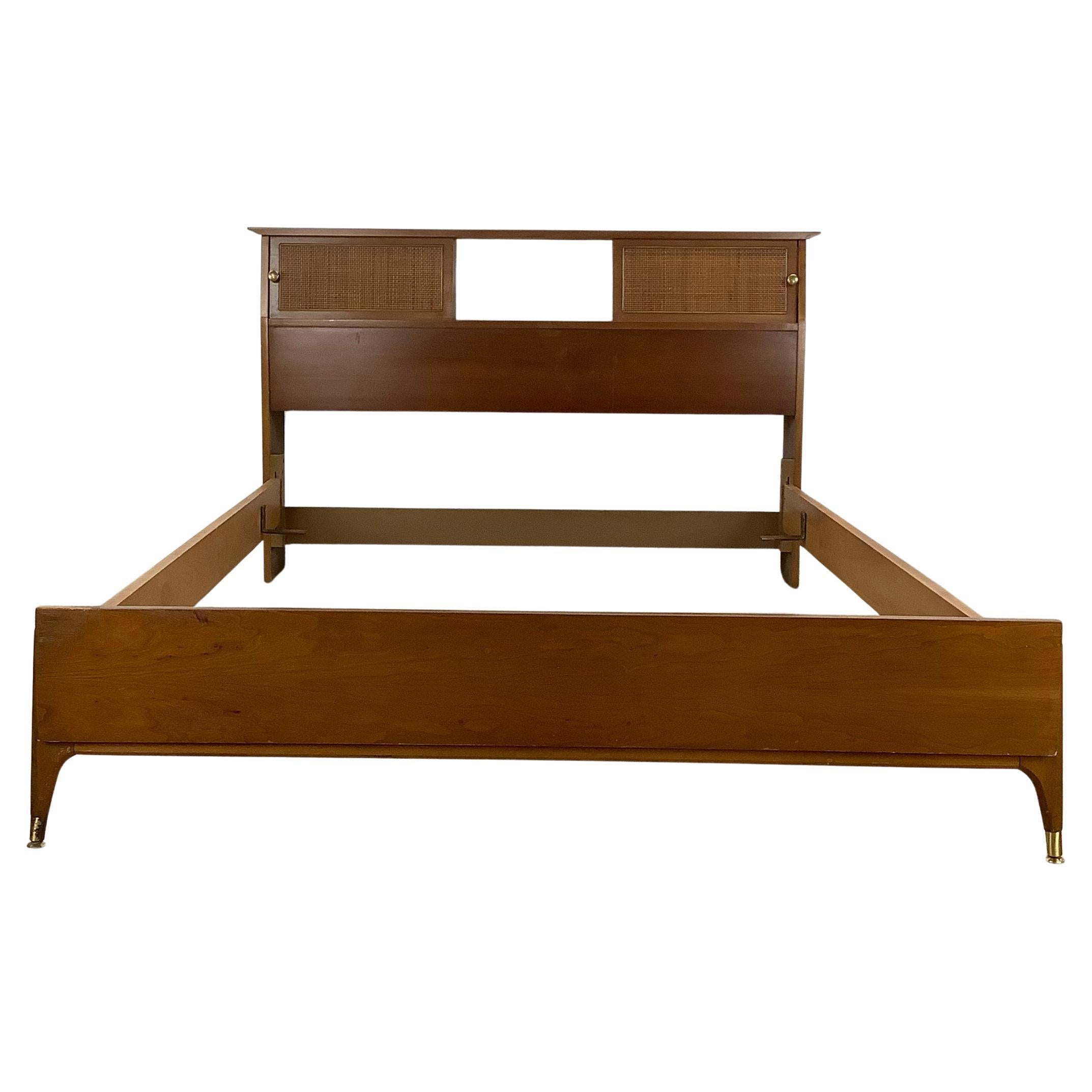 Mid-Century Storage Bed with Cane-Front Headboard- Full Size