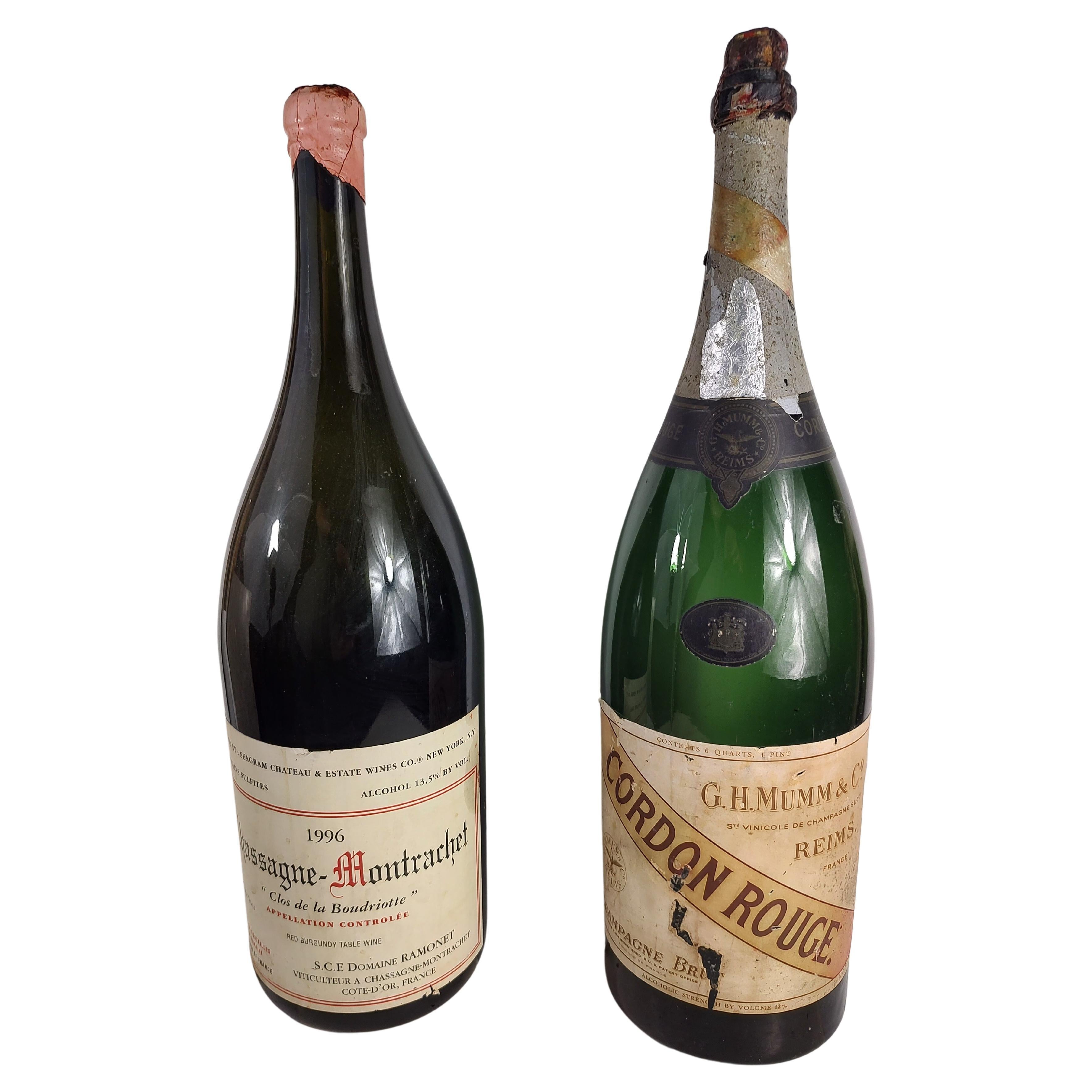 Fabulous blown glass display bottles which usually sat in a store window or a display inside. Chassagne-Montrachet & Cordon Rouge. Heavy glass, sealed with no liquid. In very good vintage condition with minimal wear. See pics. Can be parcel posted.