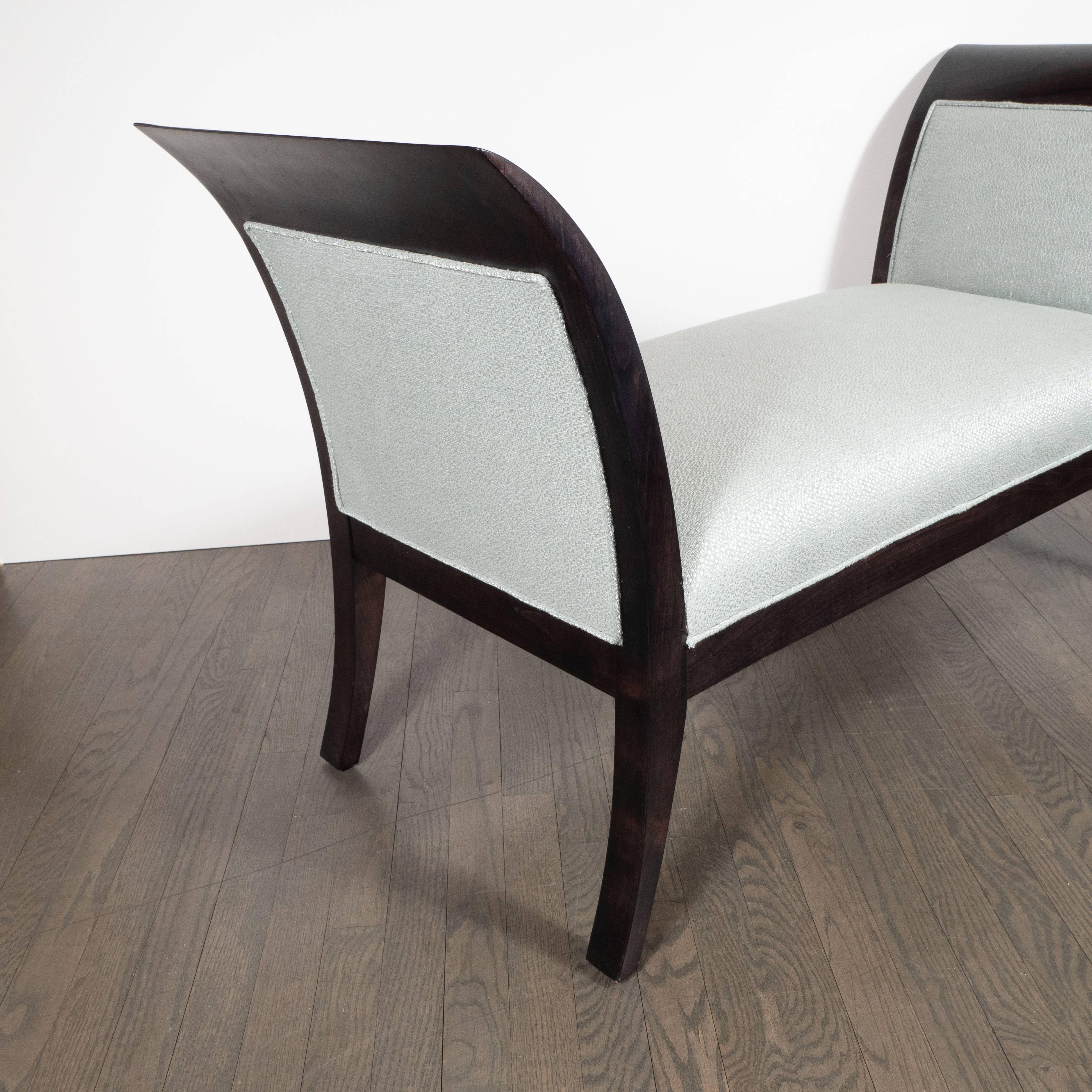 American Midcentury Streamlined Bench in Ebonized Walnut and Powder Blue Woven Fabric