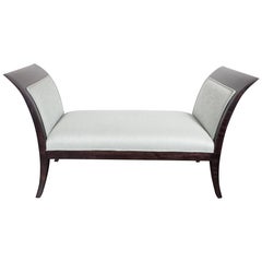 Midcentury Streamlined Bench in Ebonized Walnut and Powder Blue Woven Fabric