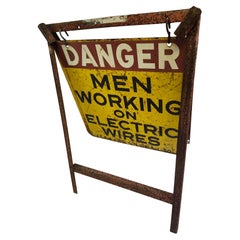 Mid Century Street Painted Metal Sandwich Sign Danger Electrical Men Workingr