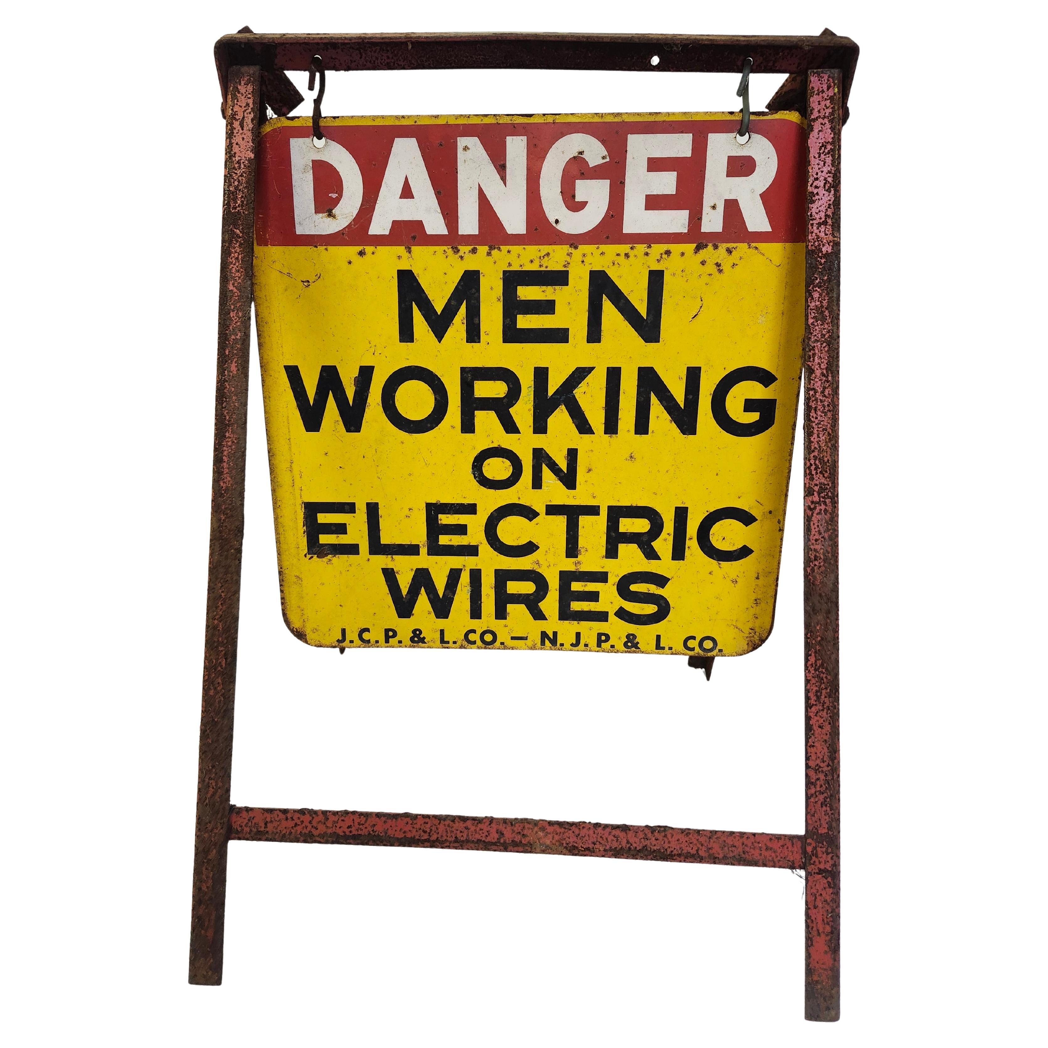 Mid Century Street Painted Metal Sandwich Sign Danger Electrical Men Workingr For Sale