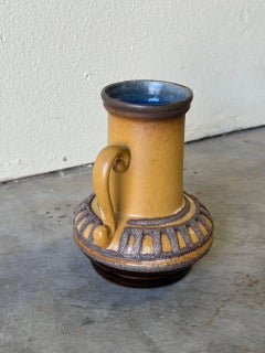 Vase Strehla Keramik du milieu du siècle, ex-RDA, émail texturé moutarde et bleu, années 1960