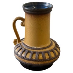 Vase Strehla Keramik du milieu du siècle, ex-RDA, émail texturé moutarde et bleu, années 1960