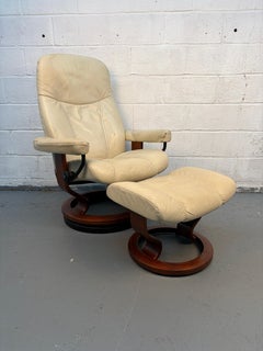 Mid-Century "Stressless" Leather Recliner and Matching Ottoman By J.E Ekornes