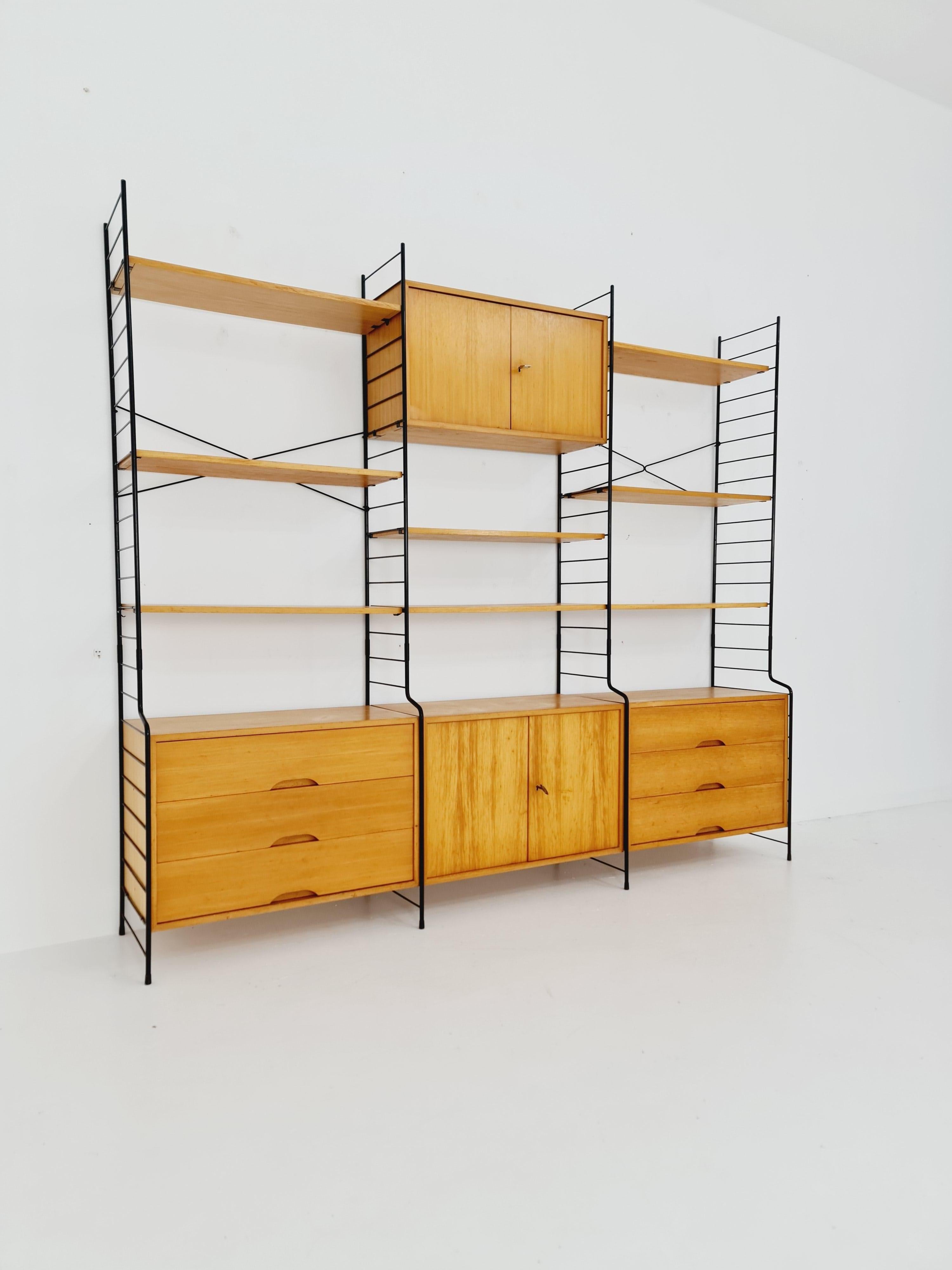 Mid century String shelf-system, bookcase with lighting Oak by WHB Germany For Sale 6