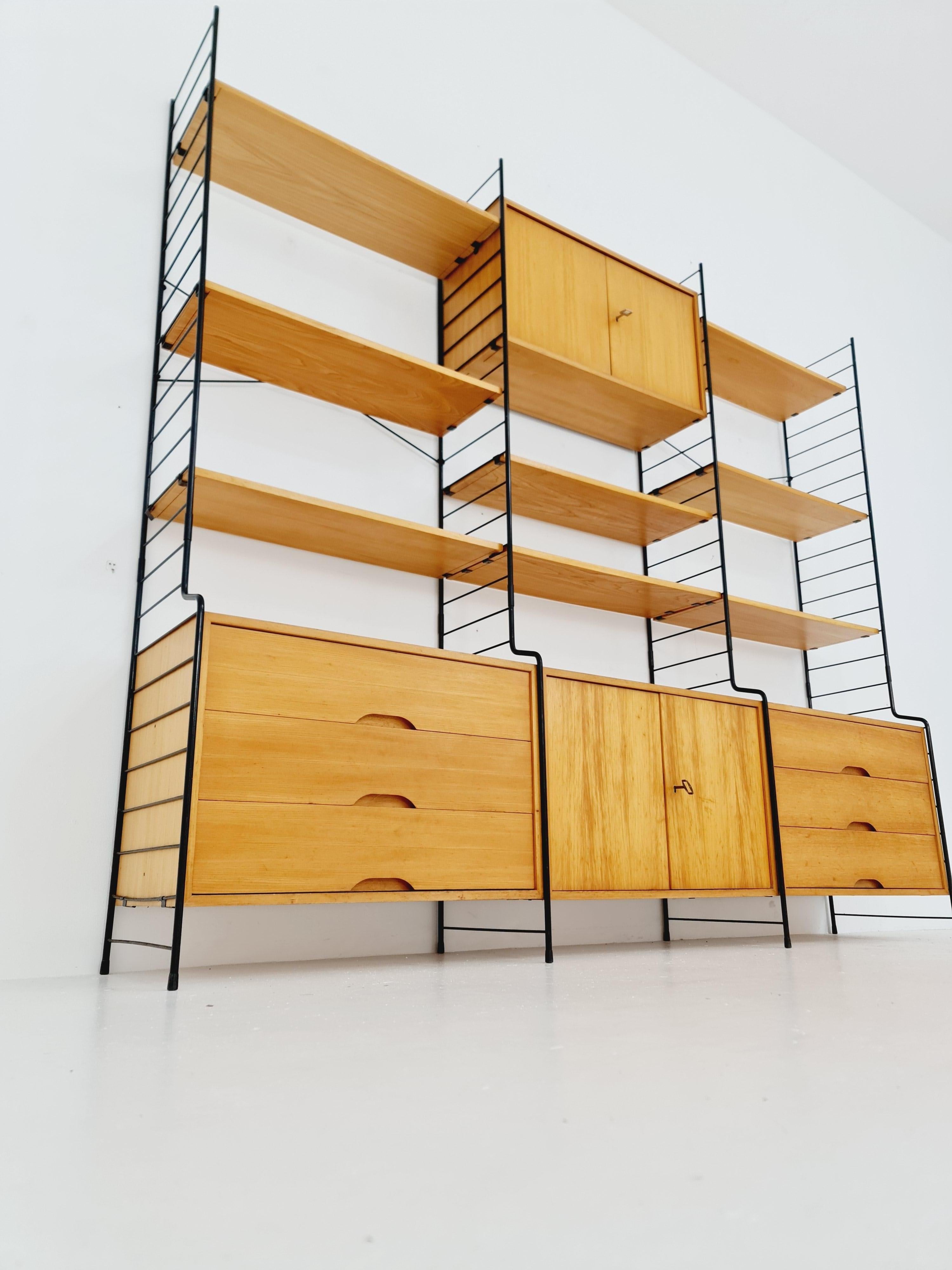 Mid century String shelf-system, bookcase with lighting Oak by WHB Germany For Sale 7