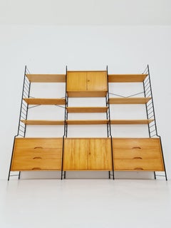Mid century String shelf-system, bookcase with lighting Oak by WHB Germany