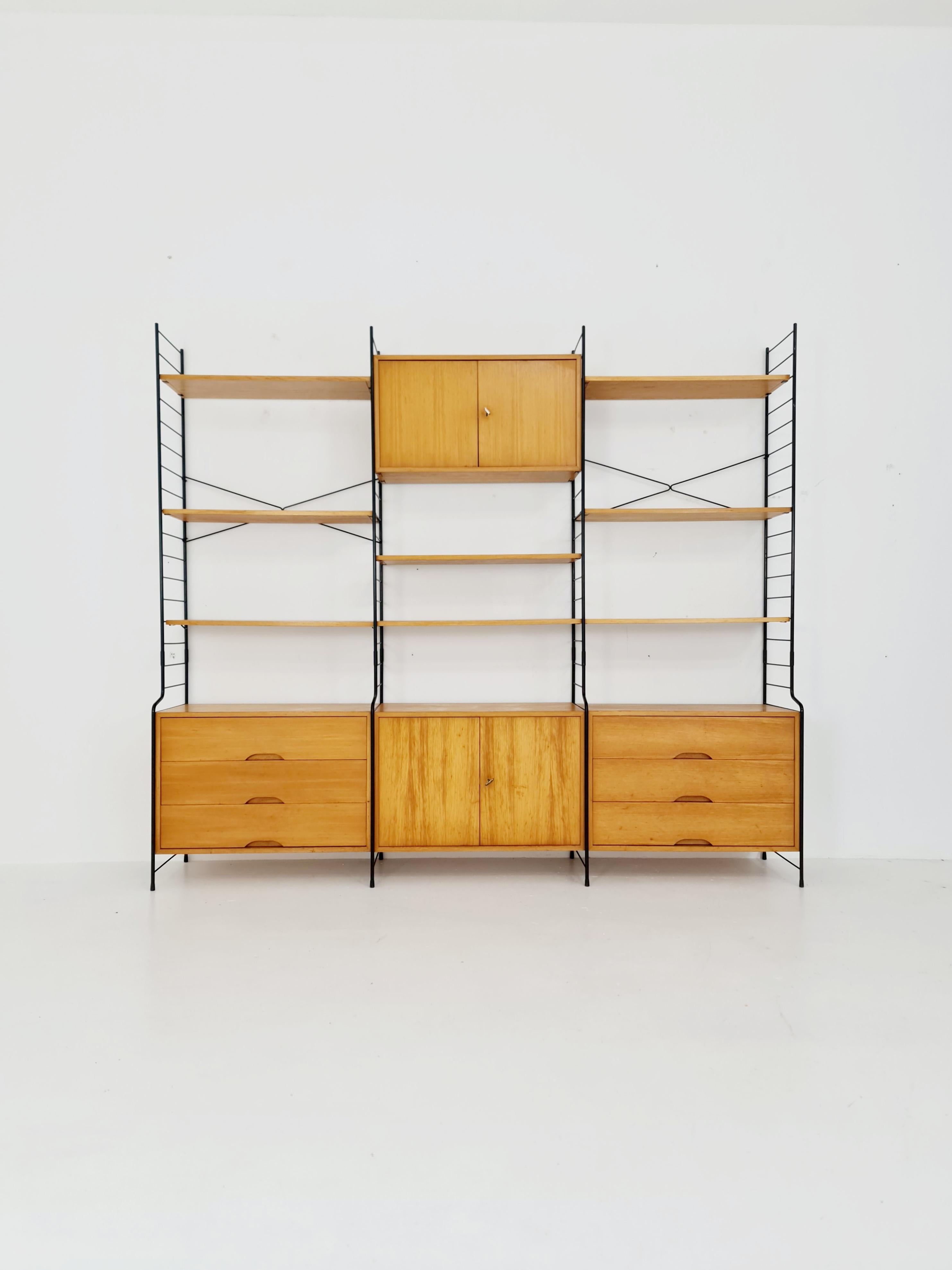 Mid-Century Modern Mid century String shelf-system, bookcase with lighting Oak by WHB Germany For Sale