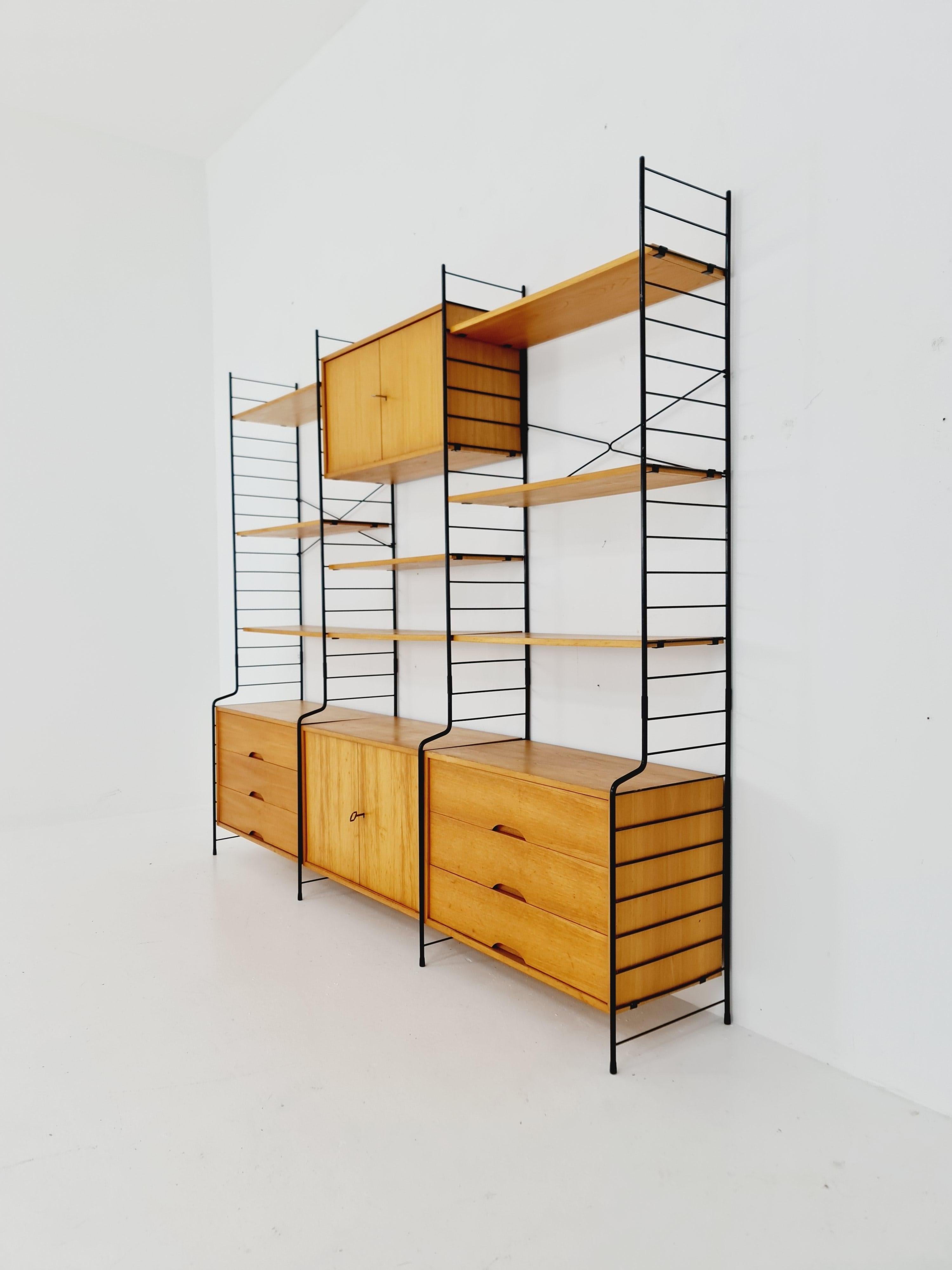 Mid-20th Century Mid century String shelf-system, bookcase with lighting Oak by WHB Germany For Sale