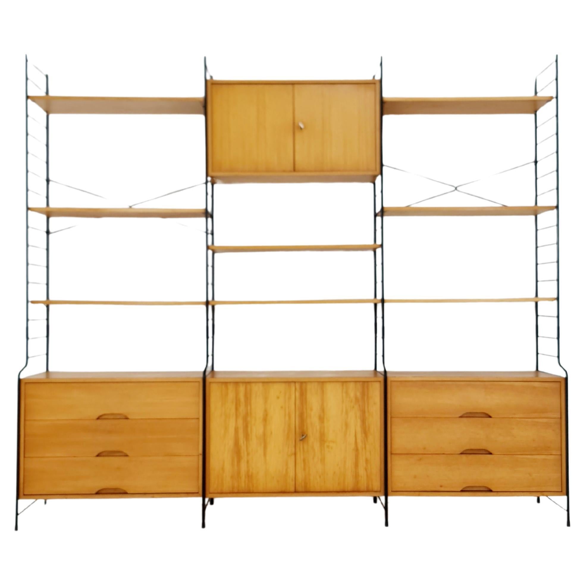 Mid century String shelf-system, bookcase with lighting Oak by WHB Germany