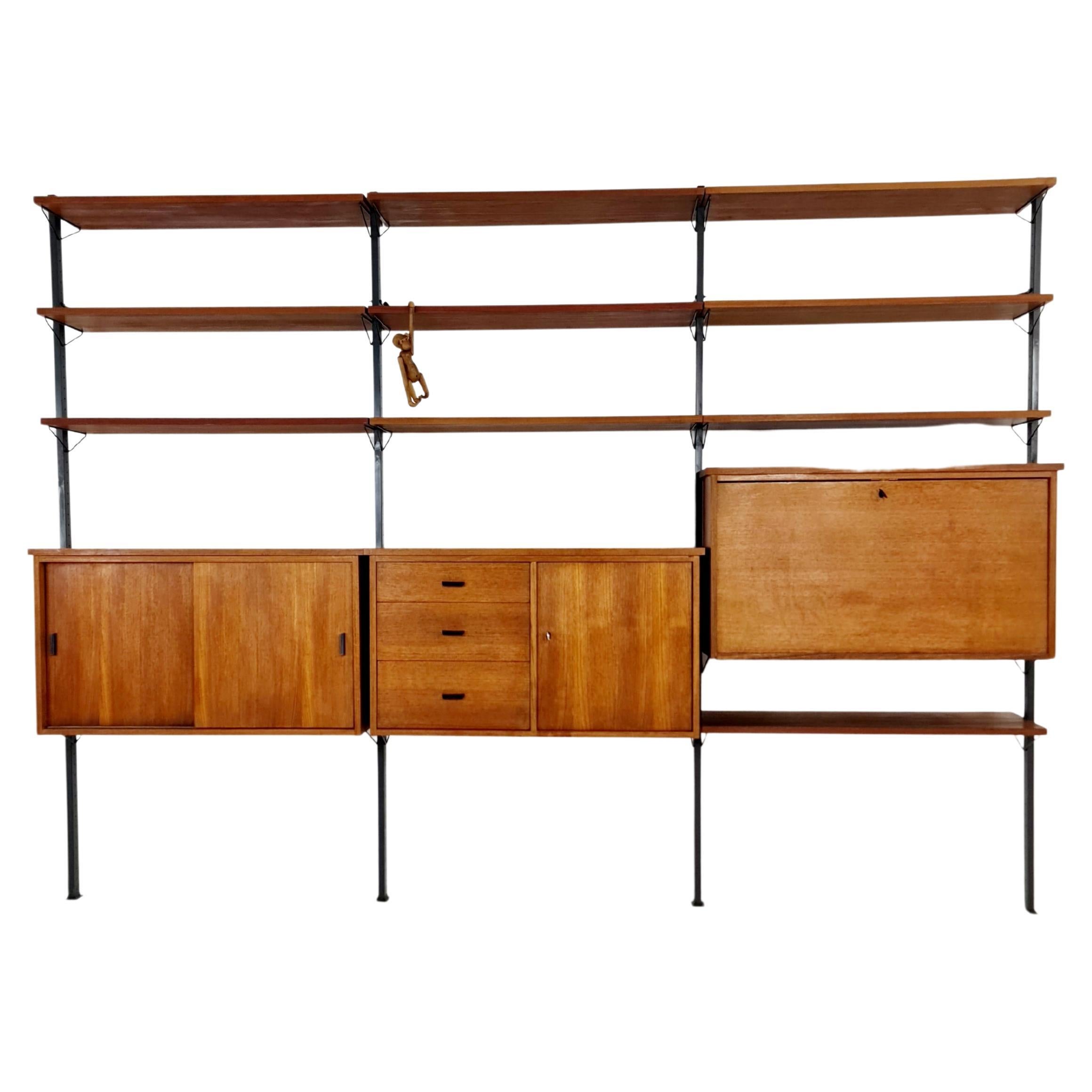 Mid century String shelf system teak & metal by Olof Pira Sweden, 1950s