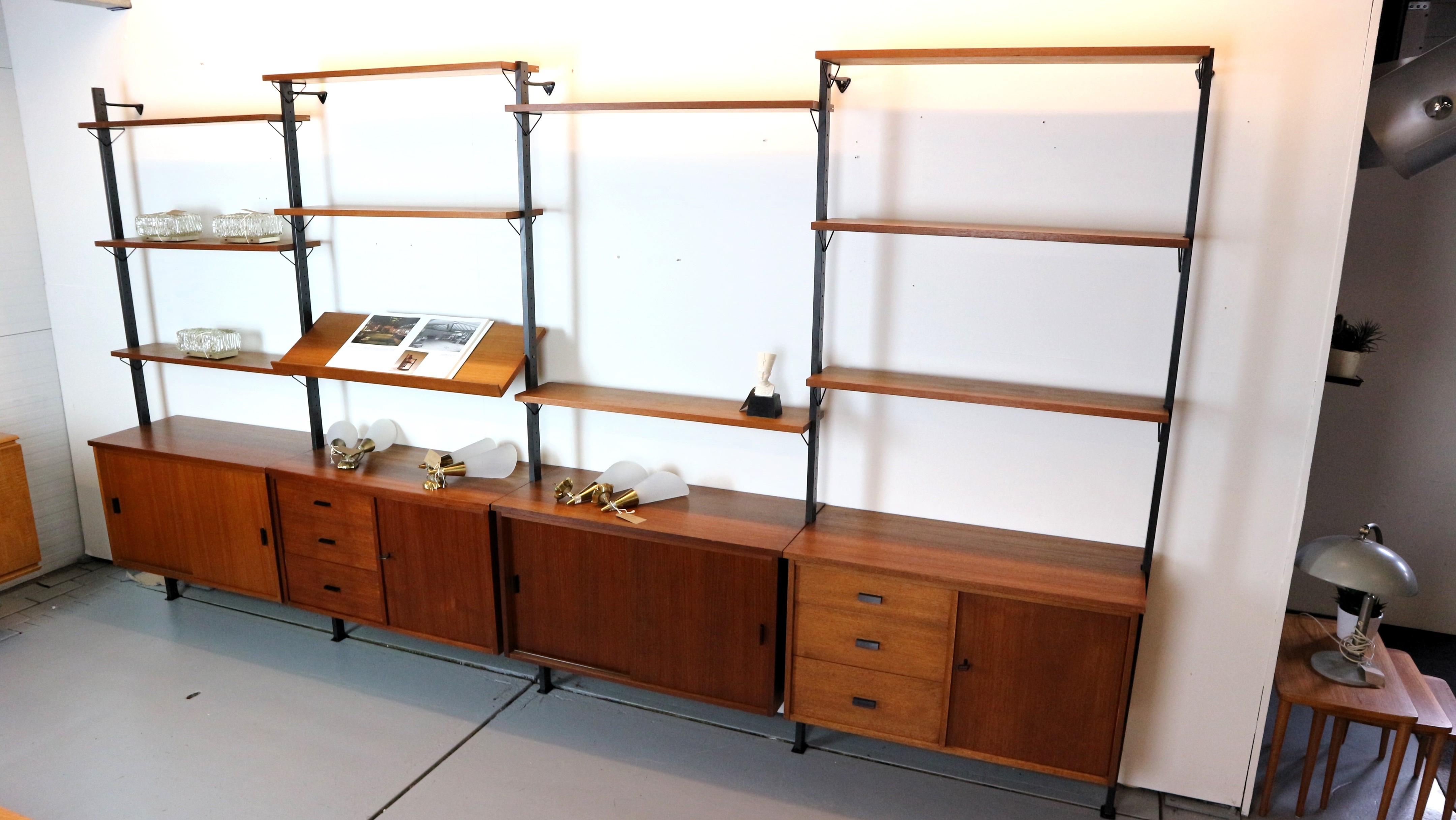 Swedish XXL Mid century String shelf system teak & metal by Olof Pira Sweden, 1960s For Sale