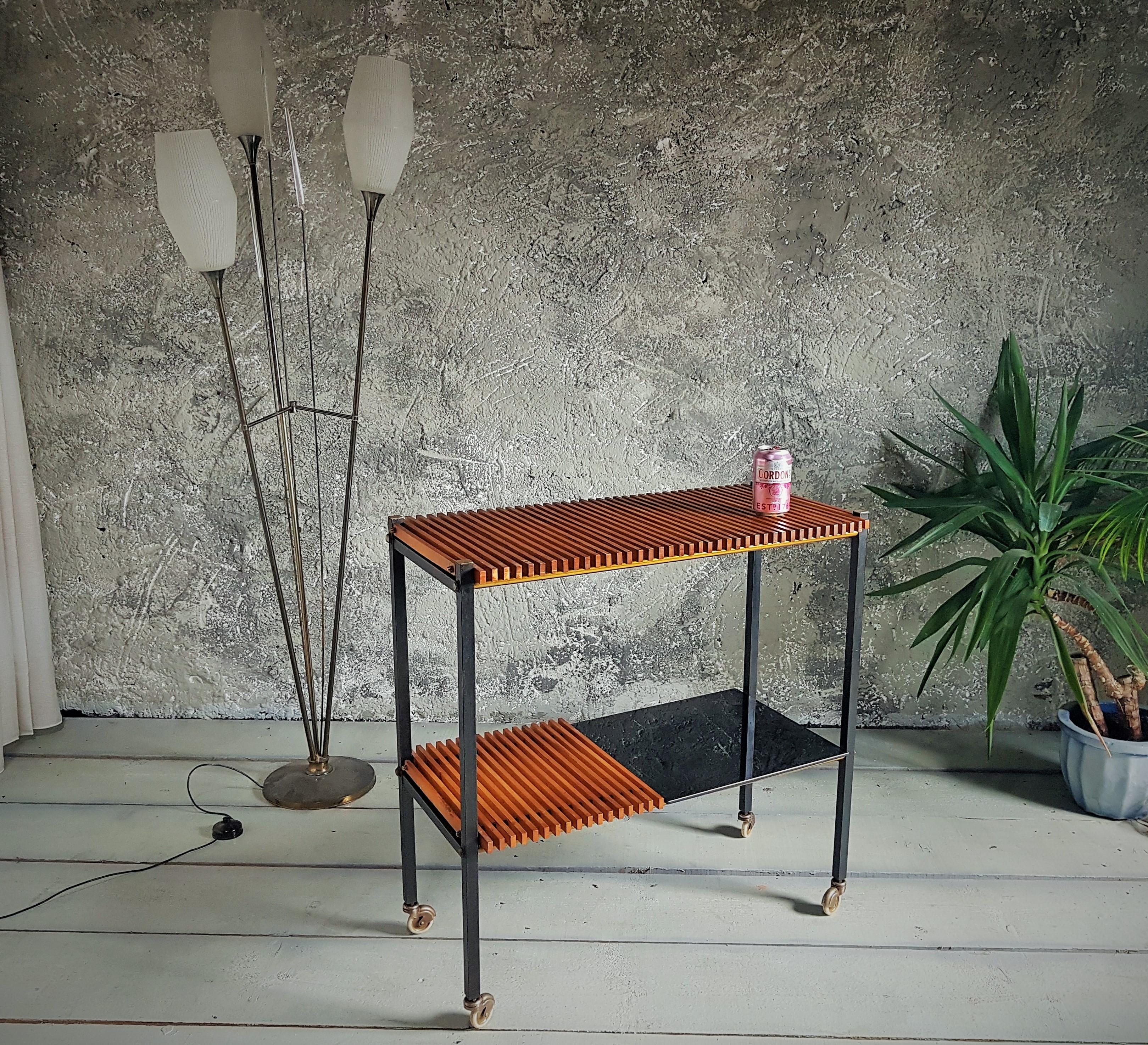 Mid-Century String Teak Bar Cart Console Side Table, Denmark, 1950s For Sale 3