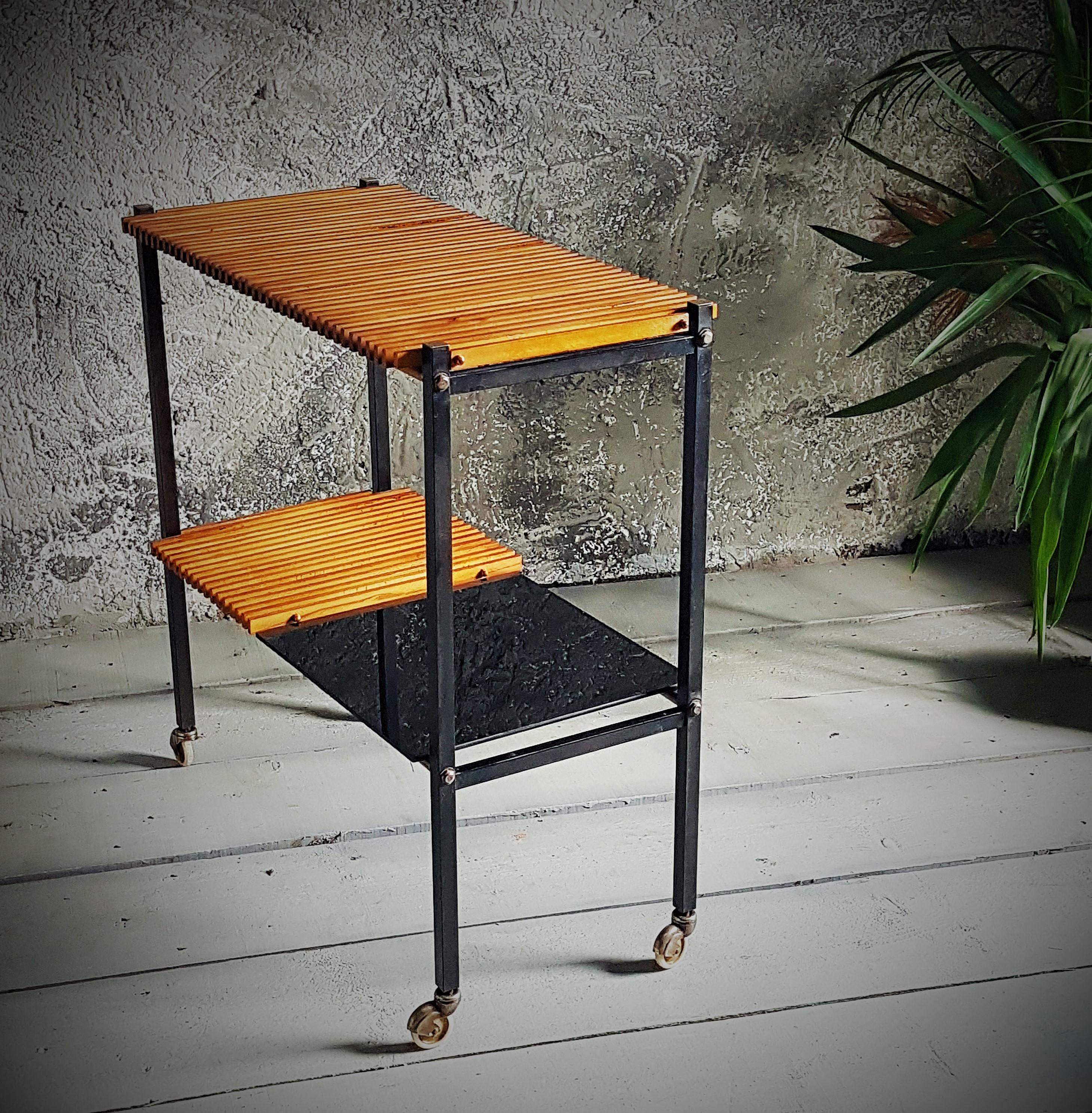 Mid-Century String Teak Bar Cart Console Side Table, Denmark, 1950s For Sale 4