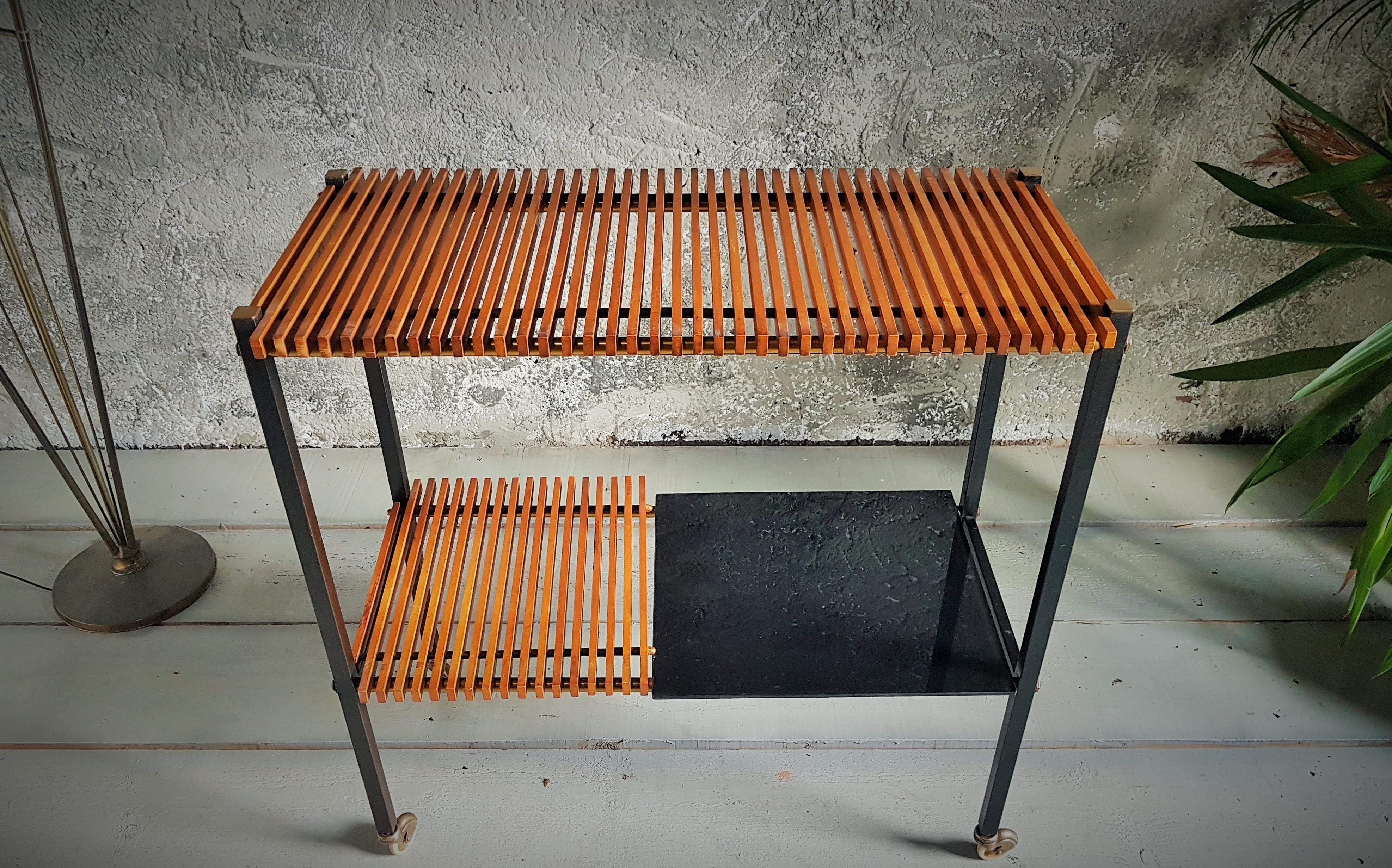 Mid-Century String Teak Bar Cart Console Side Table, Denmark, 1950s For Sale 5