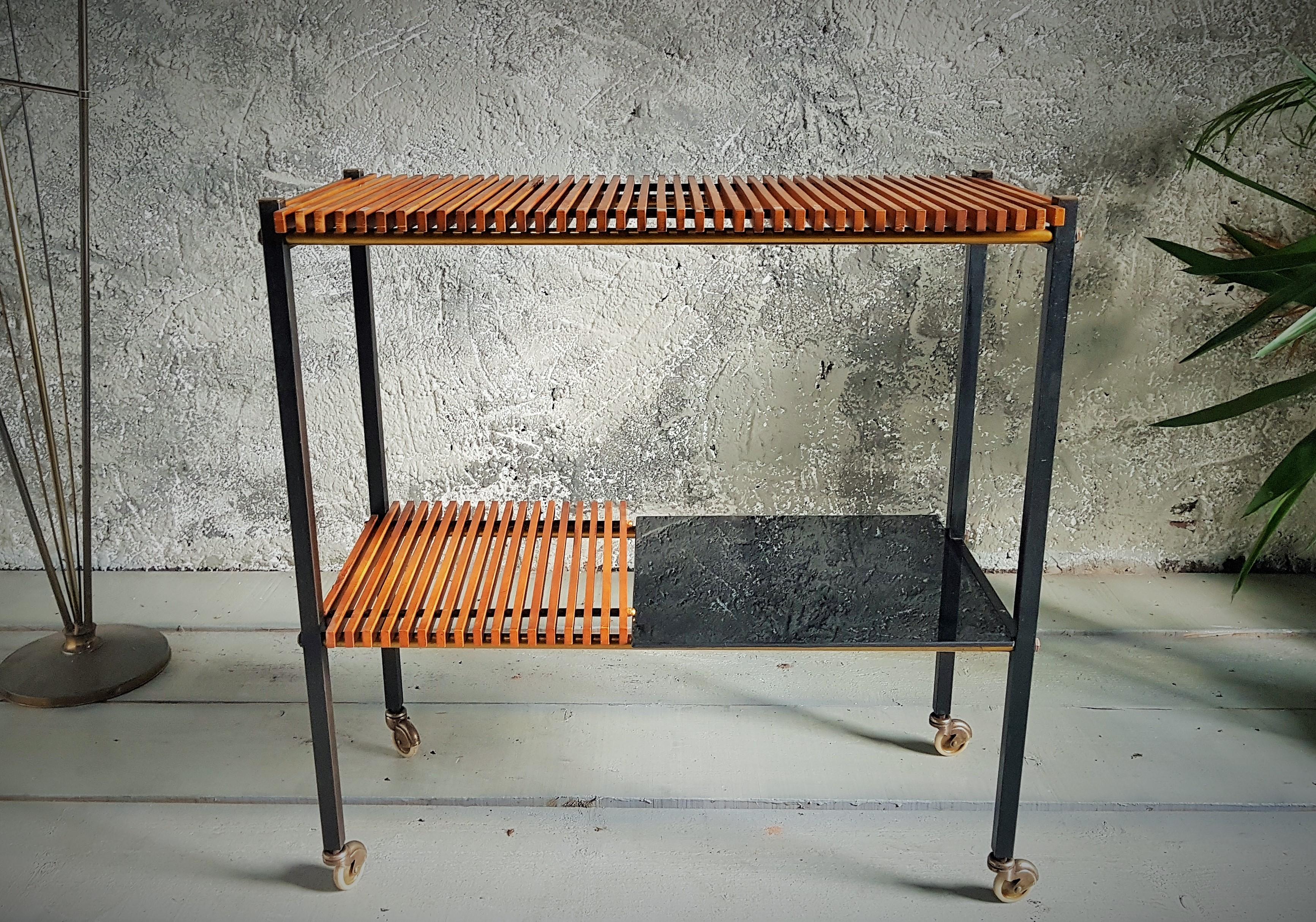 Mid-Century String Teak Bar Cart Console Side Table, Denmark, 1950s For Sale 6