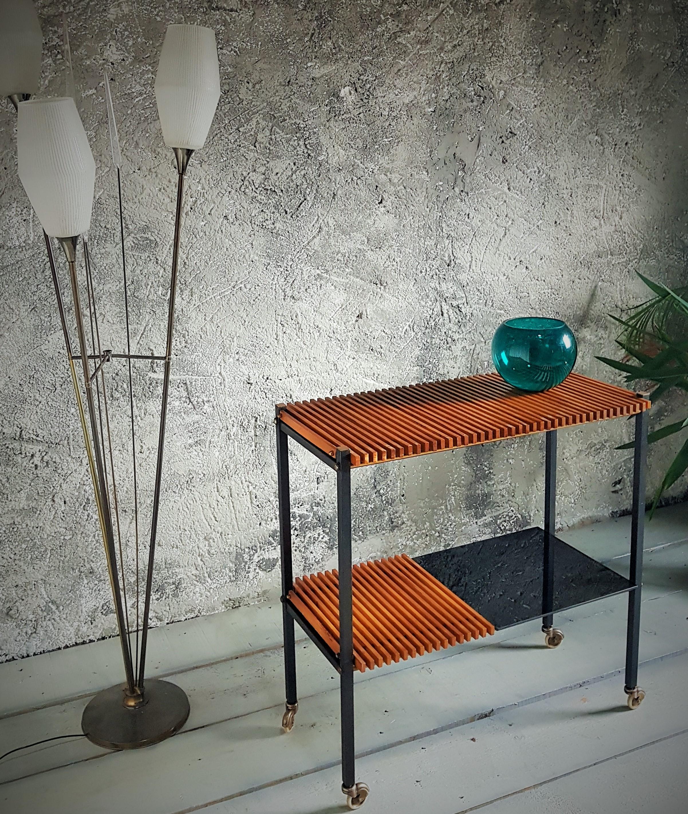 Danish Mid-Century String Teak Bar Cart Console Side Table, Denmark, 1950s For Sale