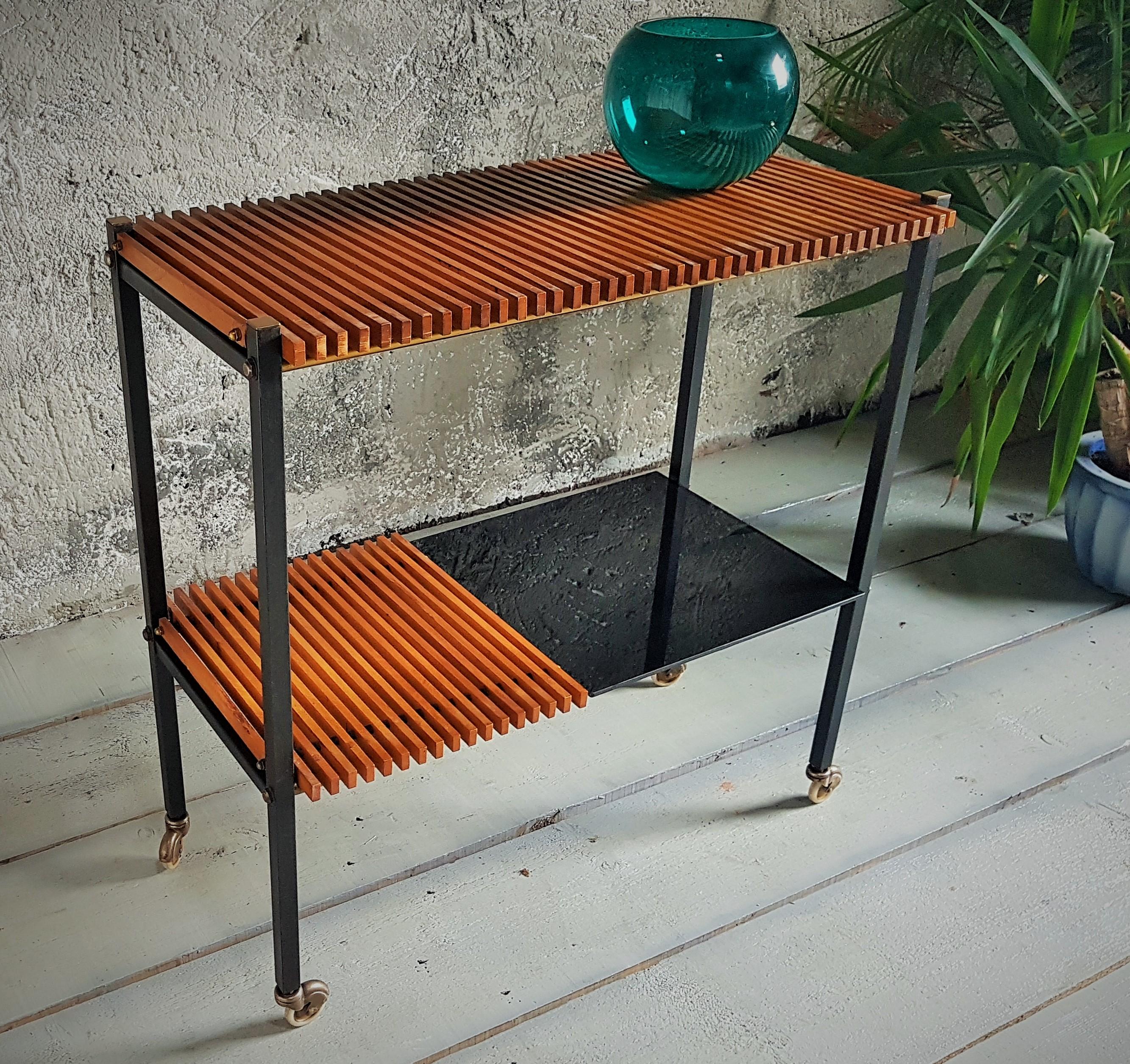 Mid-20th Century Mid-Century String Teak Bar Cart Console Side Table, Denmark, 1950s For Sale