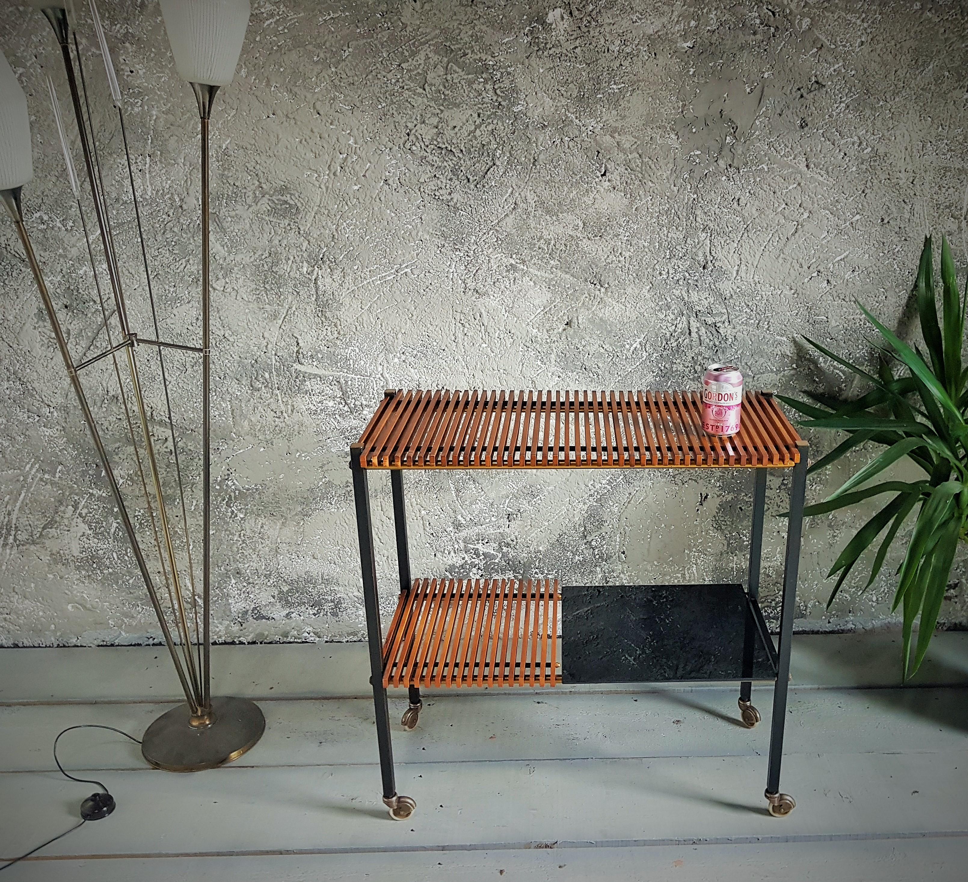 Metal Mid-Century String Teak Bar Cart Console Side Table, Denmark, 1950s For Sale
