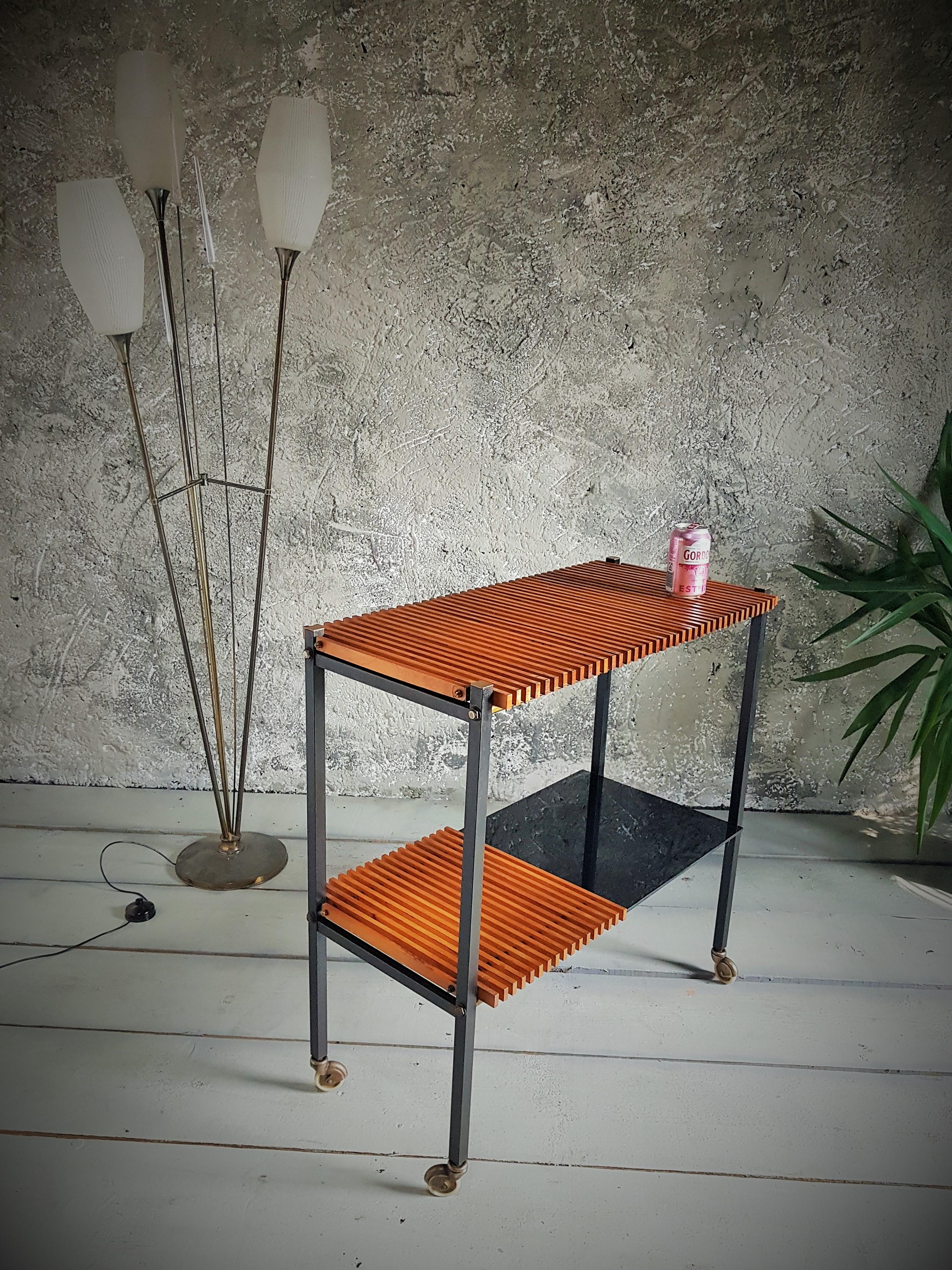 Mid-Century String Teak Bar Cart Console Side Table, Denmark, 1950s For Sale 1