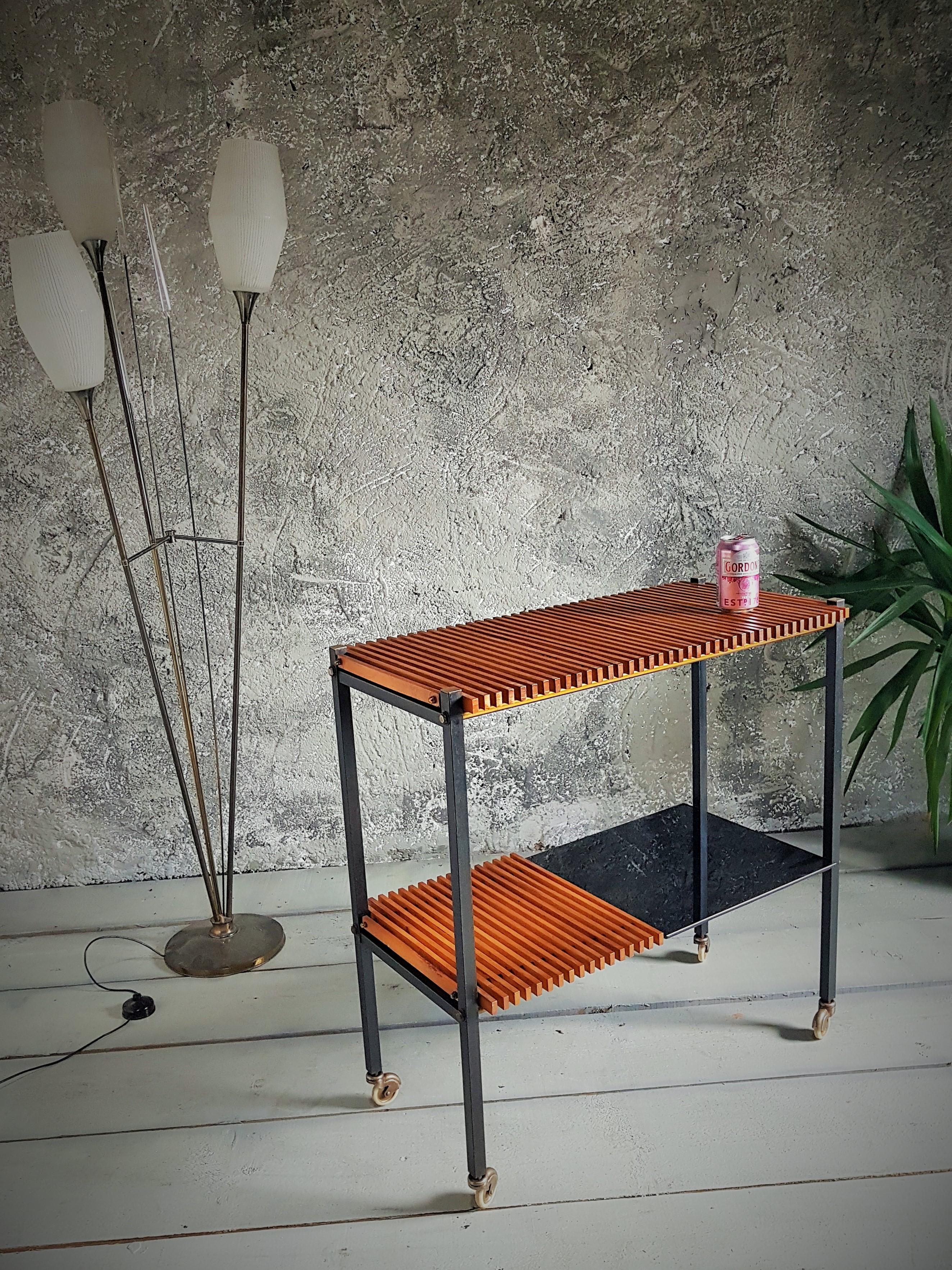 Mid-Century String Teak Bar Cart Console Side Table, Denmark, 1950s For Sale 2