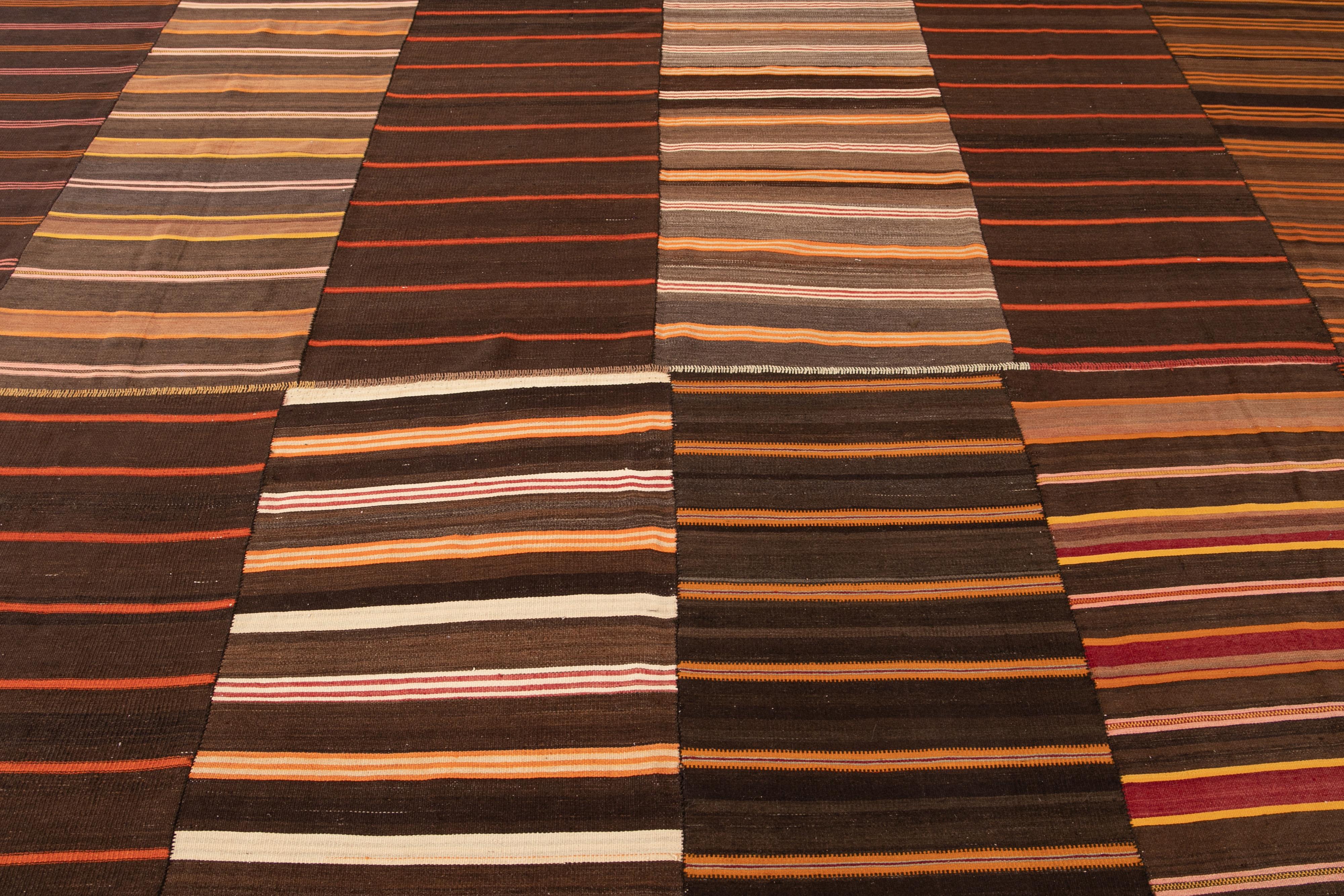 Midcentury Striped Flat-Weave Handmade Brown Wool Rug For Sale 3