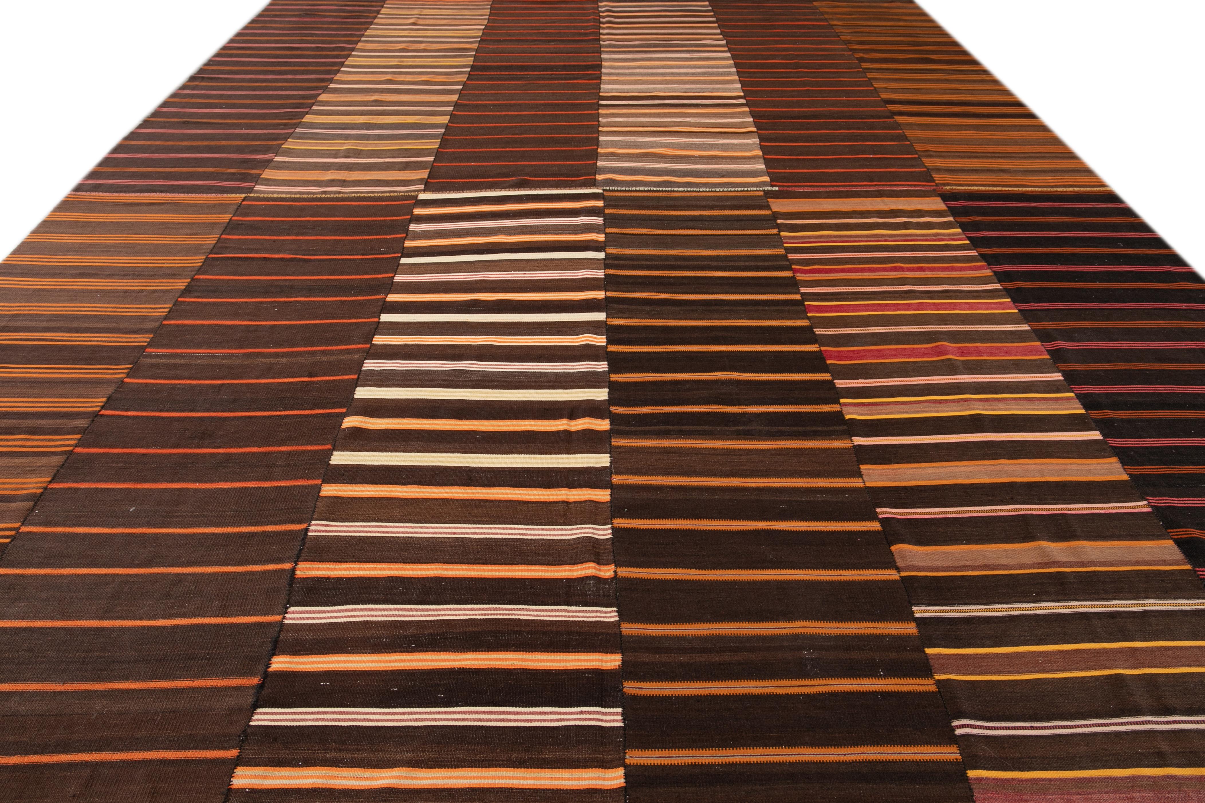 Kilim Midcentury Striped Flat-Weave Handmade Brown Wool Rug For Sale