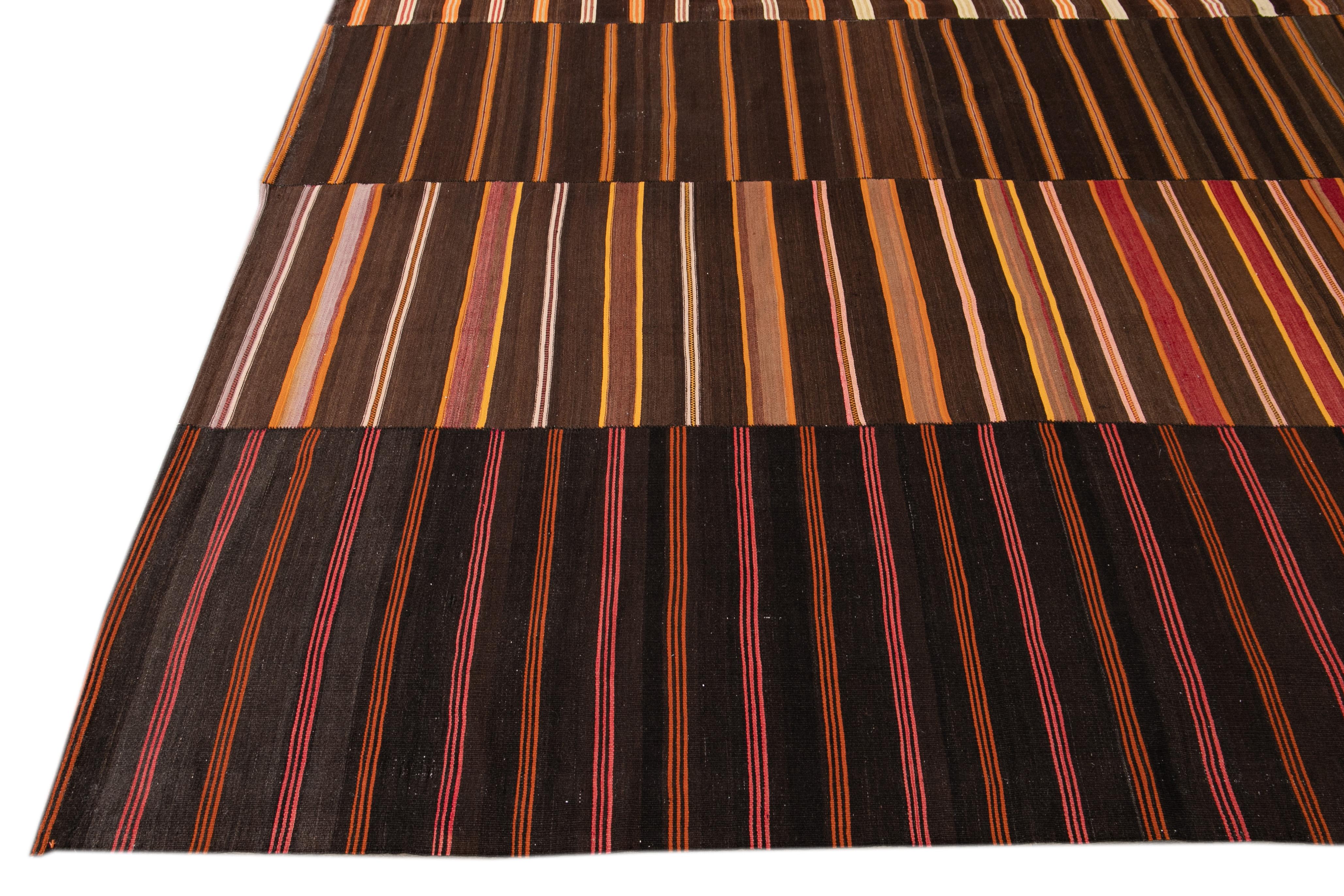 Afghan Midcentury Striped Flat-Weave Handmade Brown Wool Rug For Sale