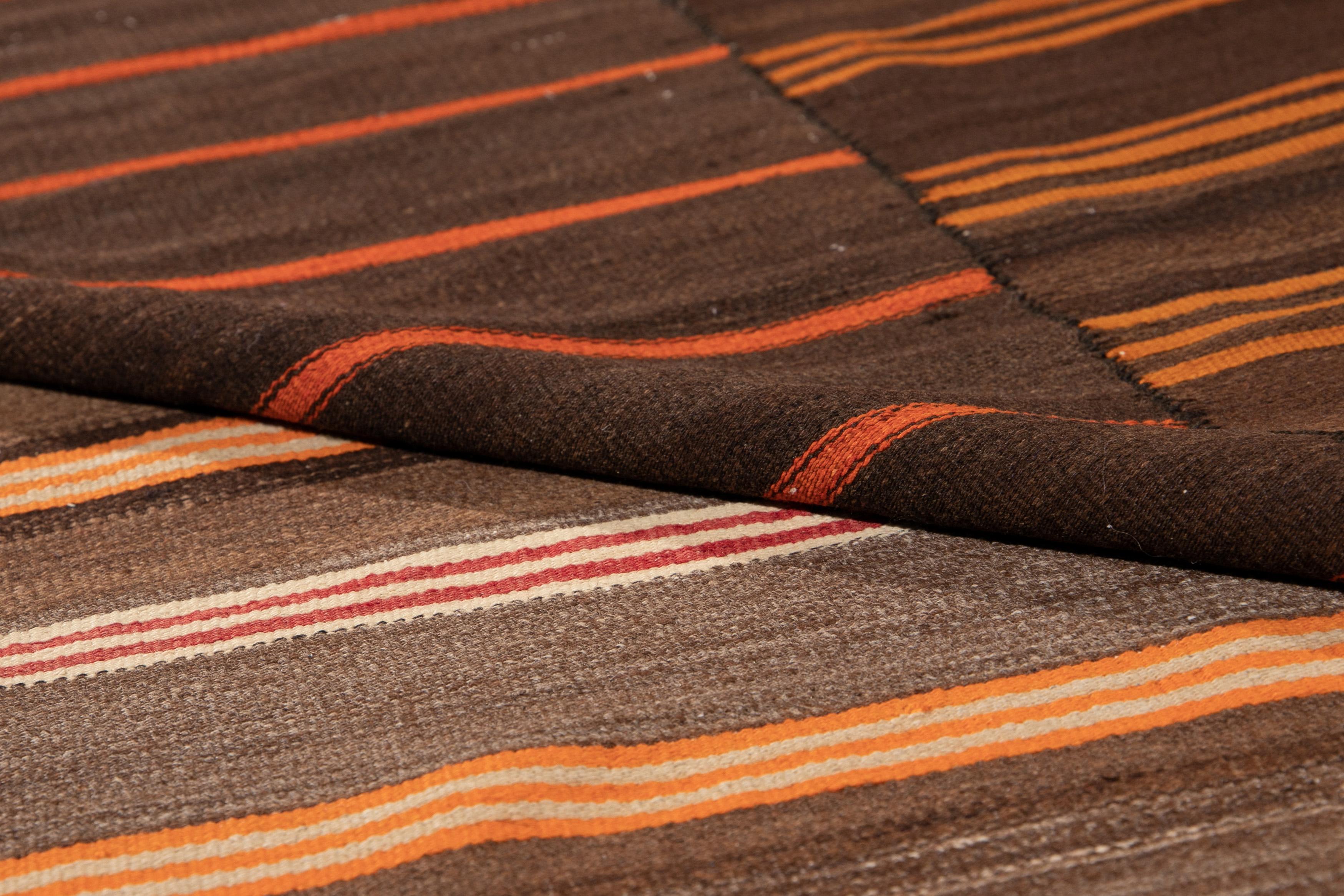 Hand-Knotted Midcentury Striped Flat-Weave Handmade Brown Wool Rug For Sale