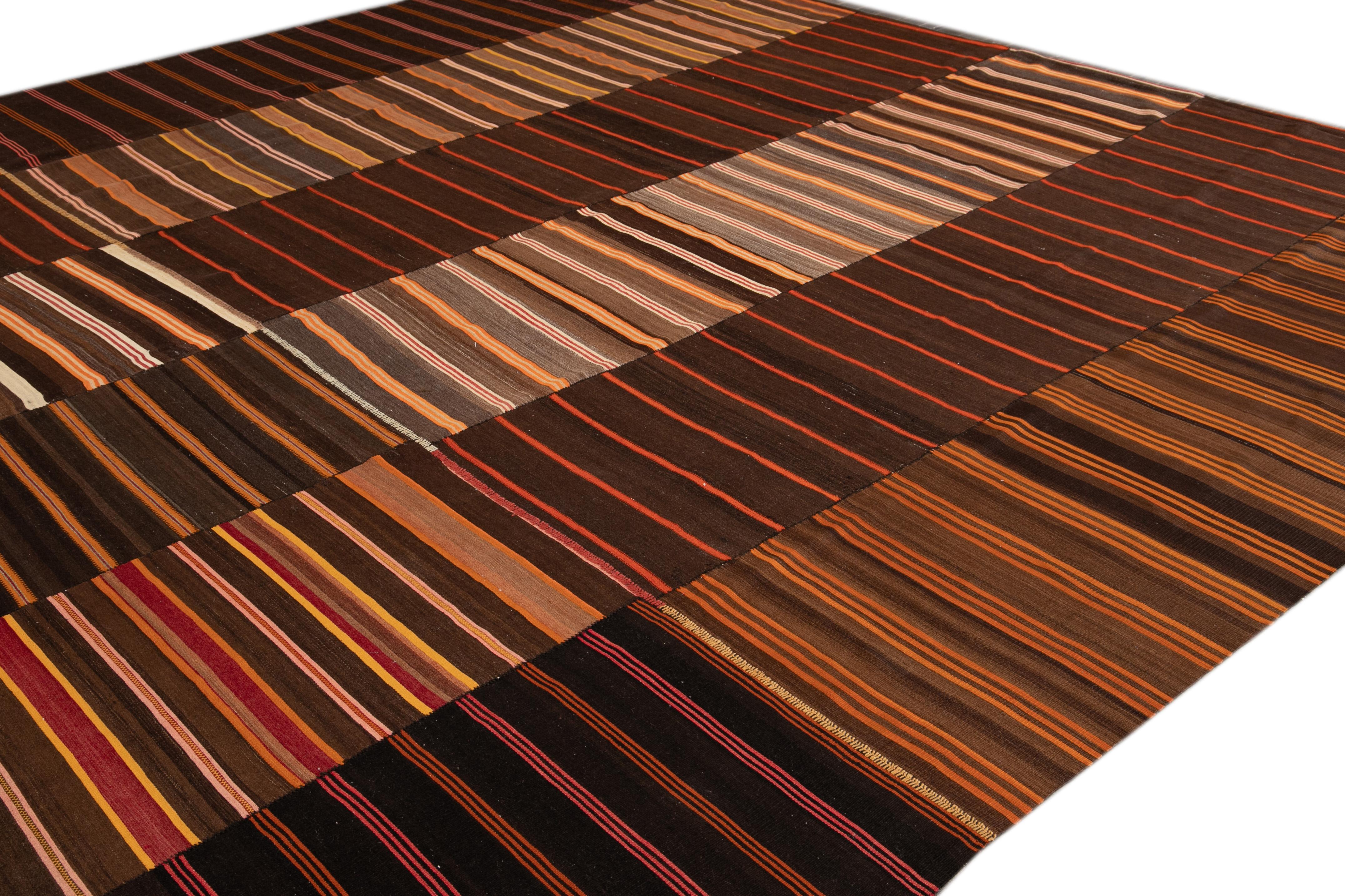 Midcentury Striped Flat-Weave Handmade Brown Wool Rug In Good Condition For Sale In Norwalk, CT