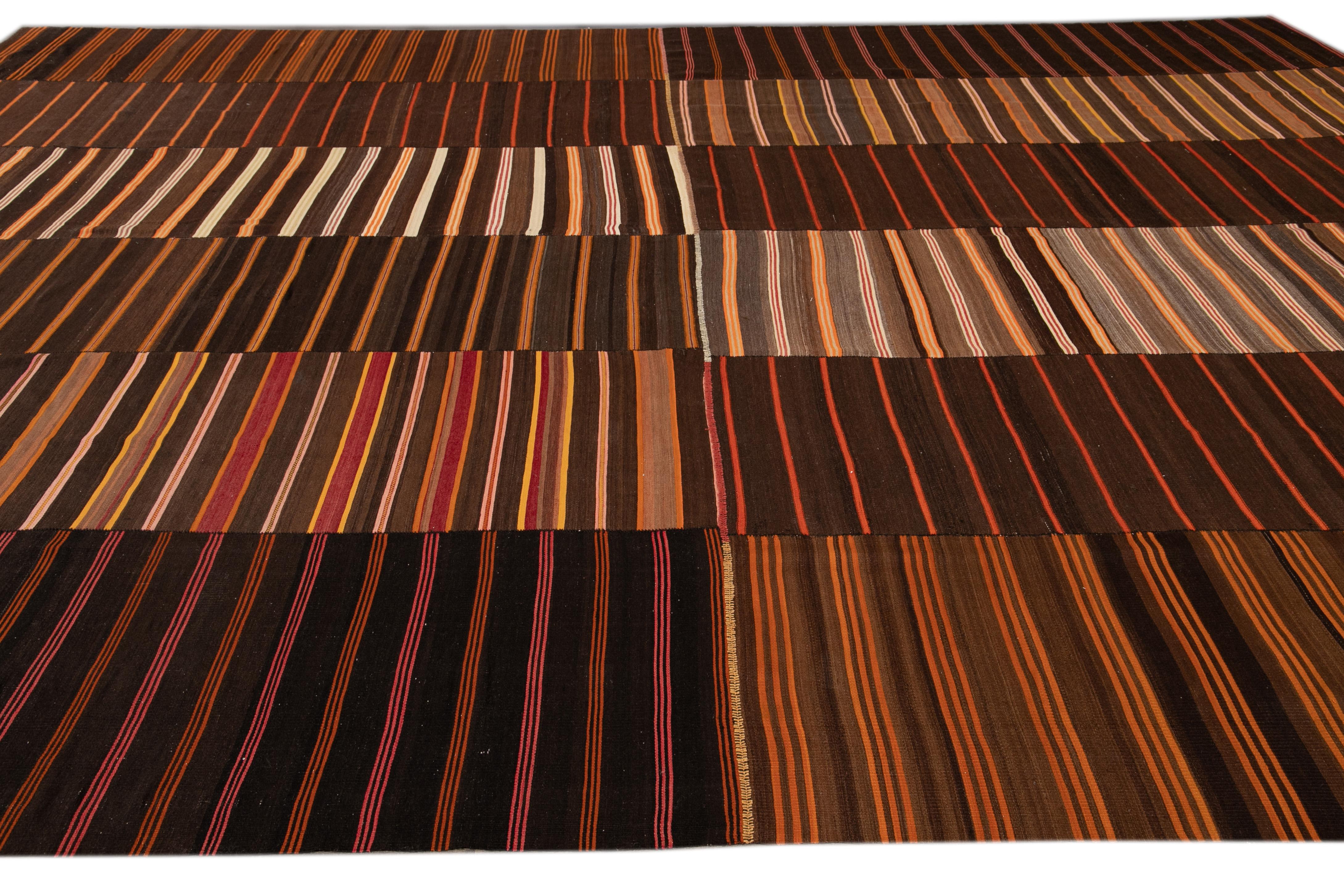 Contemporary Midcentury Striped Flat-Weave Handmade Brown Wool Rug For Sale